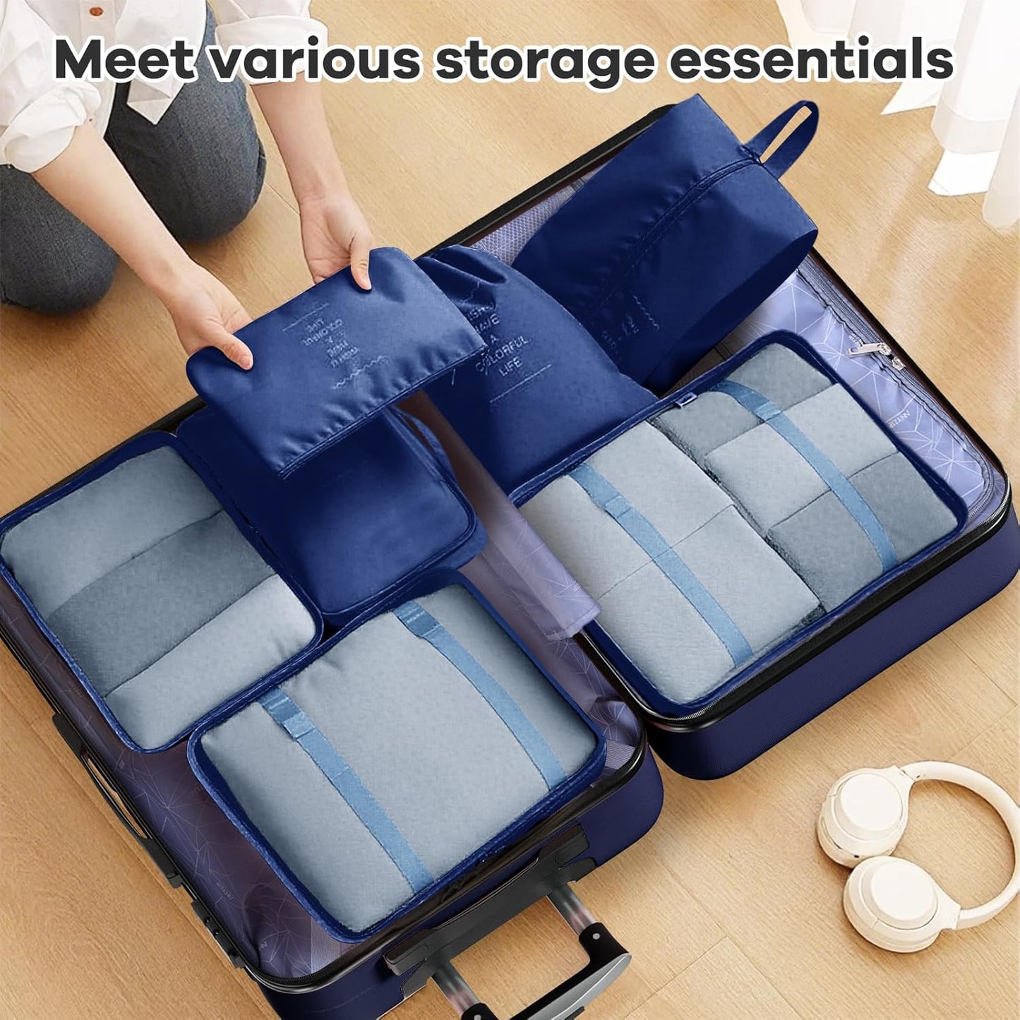 AnyZip Luggage Sets 10 Piece Hardshell Suitcase Set PC ABS Lightweight Travel Suitcases with 4 Double Spinner Wheels TSA Lock 20 24 28 Inch with 7 Storage Bags Dark Blue