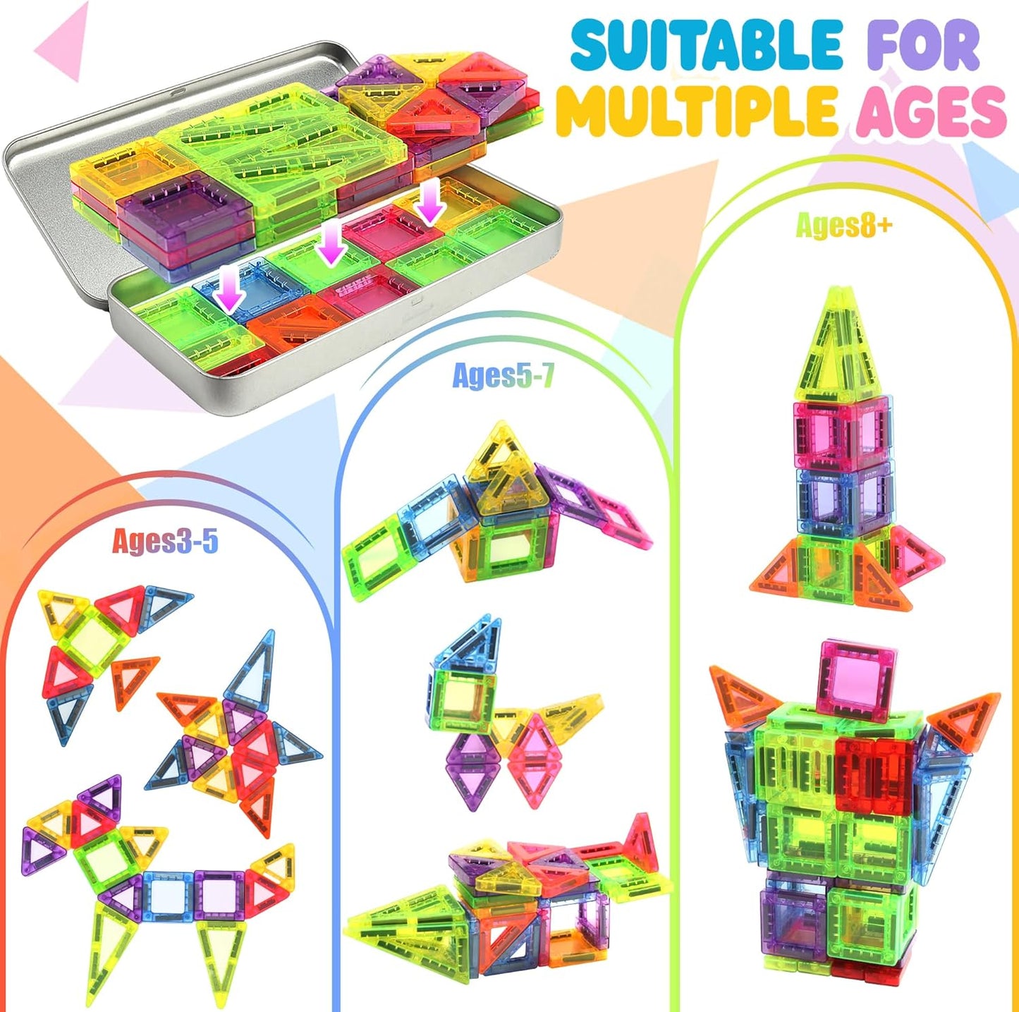 36PCS Mini Magnetic Tiles with Iron Box, Magnetic Building Blocks Travel Size for Kids, STEM Educational Toys Birthday Gifts for 3 4 5 6 7 Year Old Boys Girls Children