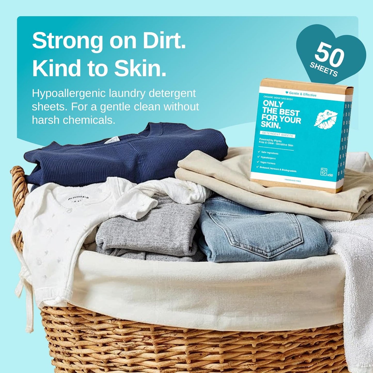 Laundry Detergent Sheets - Hypoallergenic, Plant-Based with Coconut Oil & Soapberry Extract - Unscented, Safe for Colors & Whites, 50-Pack