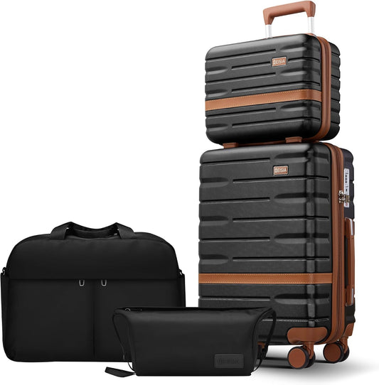 Luggage Sets 4 Piece with TSA Lock Hardside PC+ABS Carry On expandable Suitcase with Spinner Wheels Lightweight Rolling Travel Luggage Sets with YKK Zippers(Black, 4 Piece Sets(14/20/DB/TB))