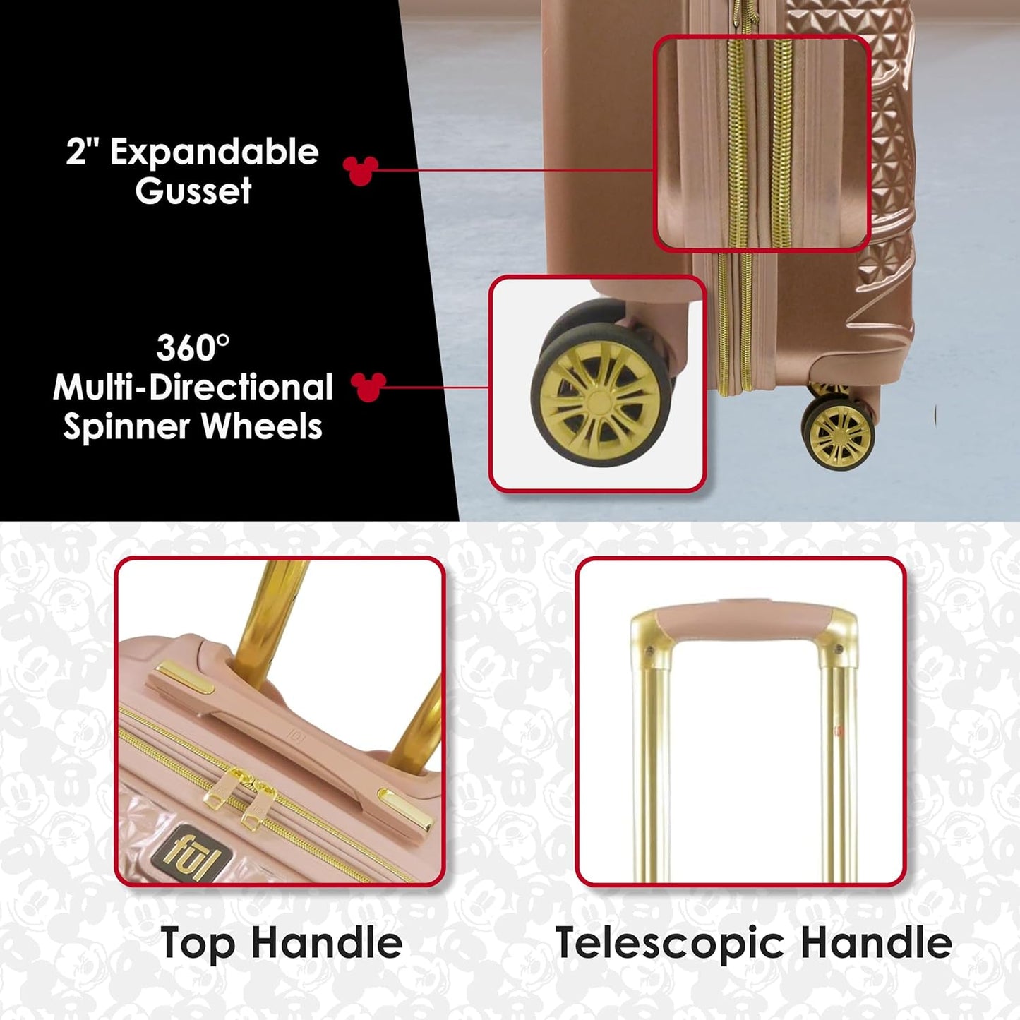 FUL Disney 26 Inch Rolling Luggage, Hardshell Suitcase with Spinner Wheels, Mickey Mouse-Rose Gold