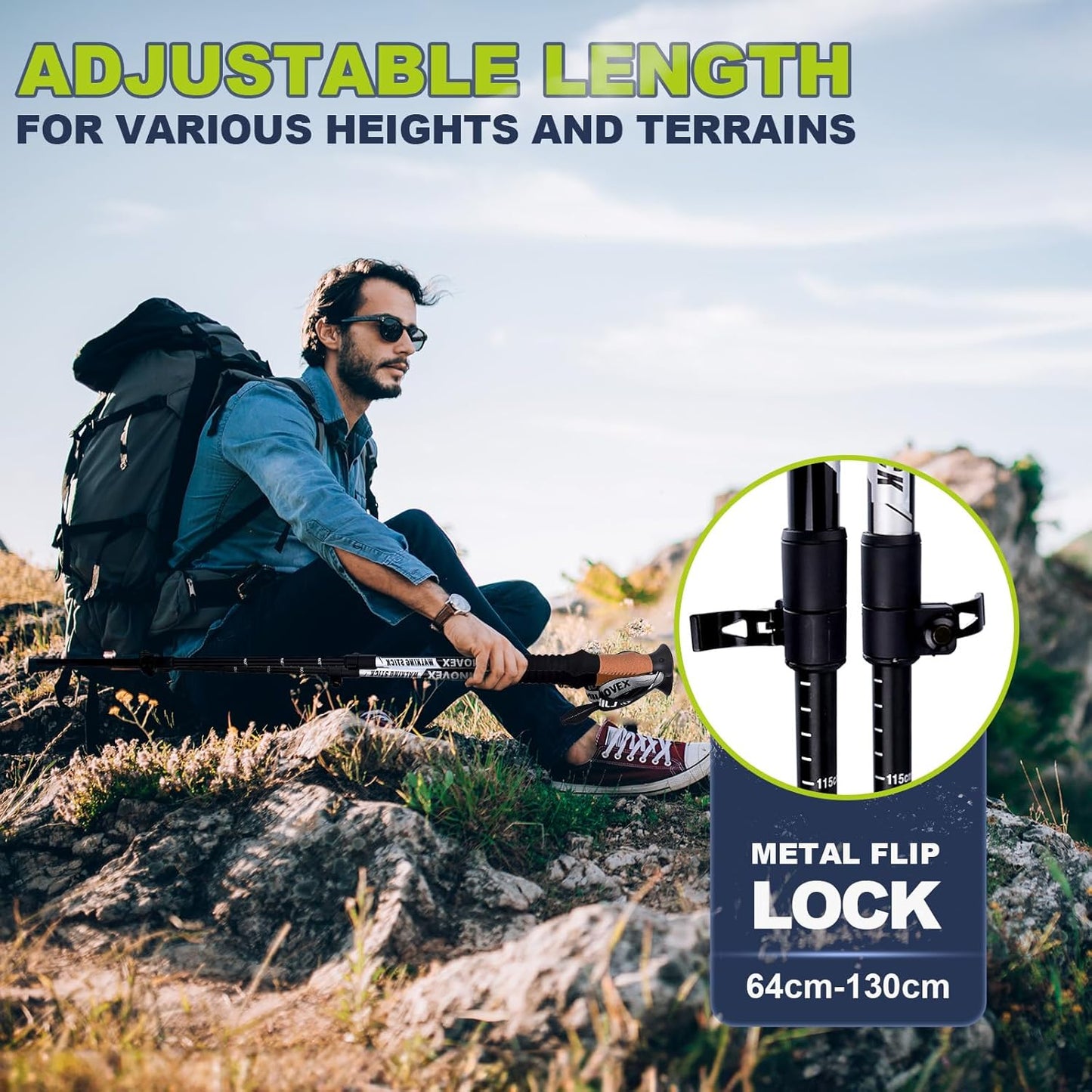 Trekking Poles - Lightweight, Collapsible, Adjustable Hiking Poles with Quick Flip Lock, 7075 Aluminum, Natural Cork Grip, Anti Shock Walking Sticks for All Terrain, Men and Women, 2 Pack