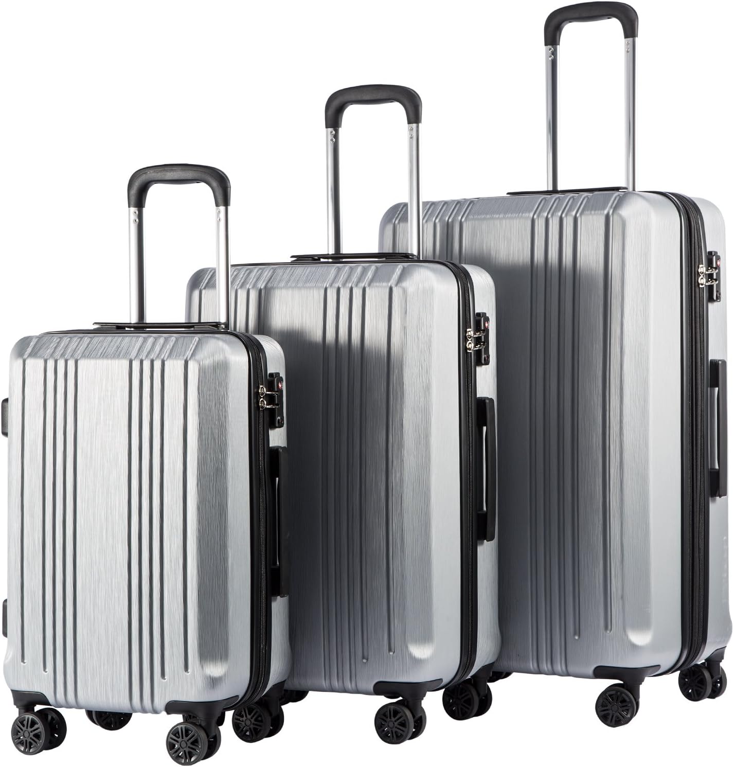 Coolife Luggage 3 Piece Set PC+ABS Hardshell Suitcases with TSA Lock, Spinner Lightweight (sliver, 3 piece set)
