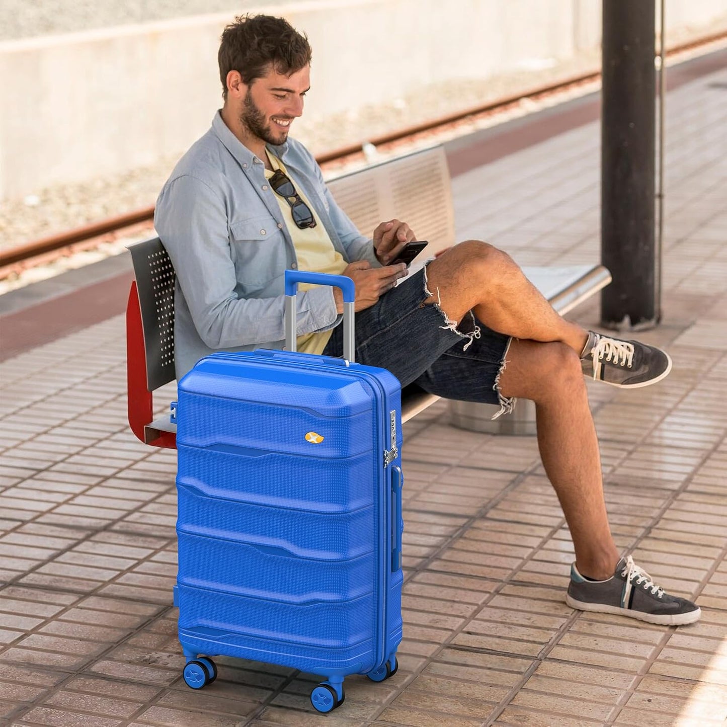 MGB Medium Checked in Luggage, PP Lightweight Hybrid Shell Suitcase with Spinner Wheels and TSA Lock, Medium Suitcase for Travel Men and Women, Ultramarine Blue