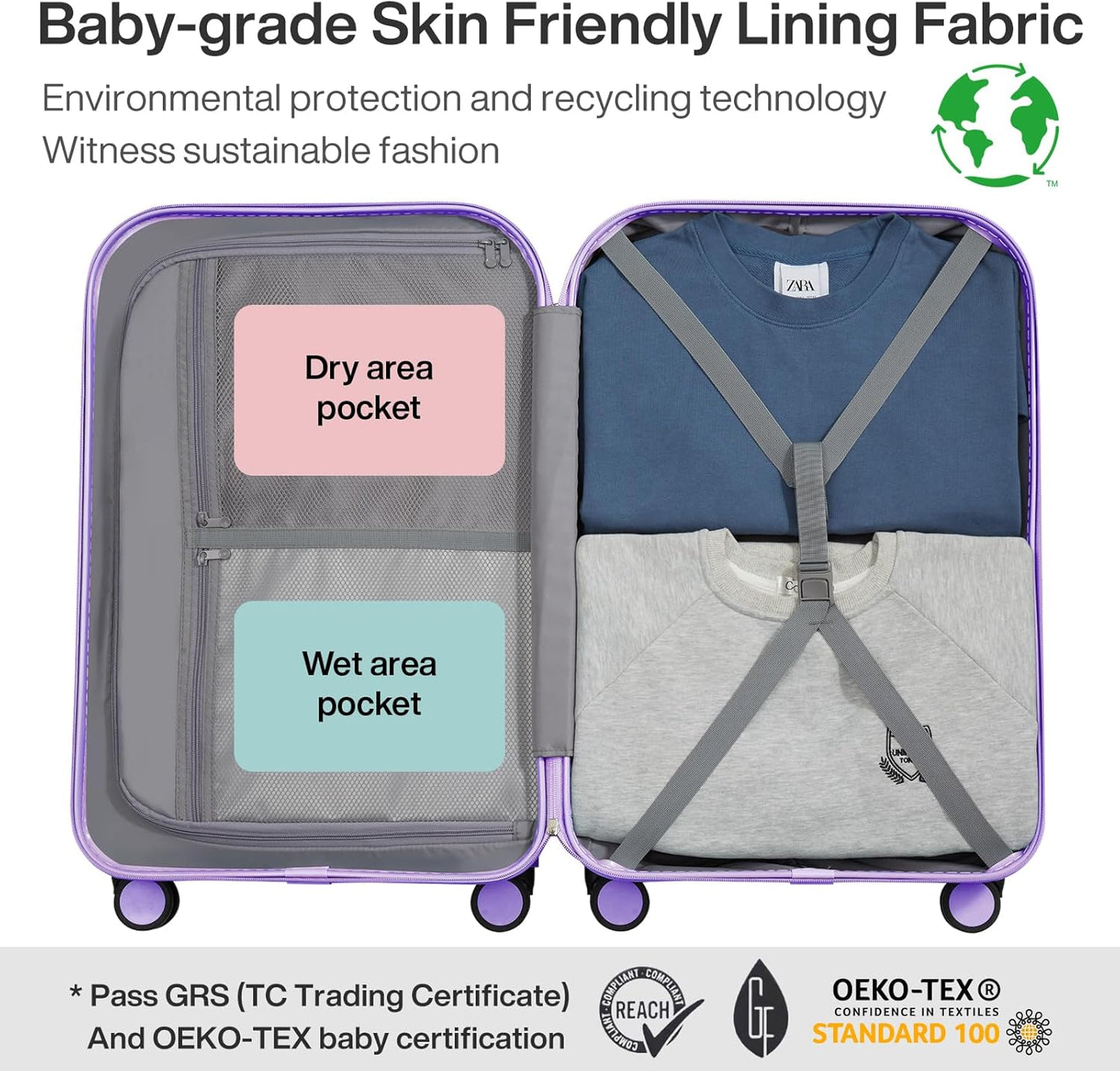 mixi Carry on Luggage, 20'' Suitcase Spinner Wheels Luggage Hardshell Lightweight Rolling Suitcases PC with Cover & TSA Lock for Business Travel, Lilac Purple