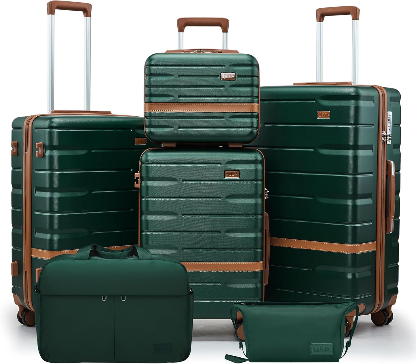 Luggage Sets, Suitcase with Spinner Wheels, PC+ABS Hardshell Travel Luggage Set with TSA Locks,Lightweight Luggage，Carry on suitcase with YKK Zippers(Dark Green, 6 piece set(14/20/24/28/DB/TB))