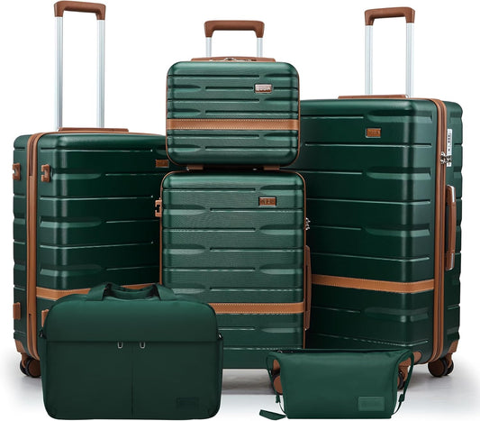 Luggage Sets, Suitcase with Spinner Wheels, PC+ABS Hardshell Travel Luggage Set with TSA Locks,Lightweight Luggage，Carry on suitcase with YKK Zippers(Dark Green, 6 piece set(14/20/24/28/DB/TB))