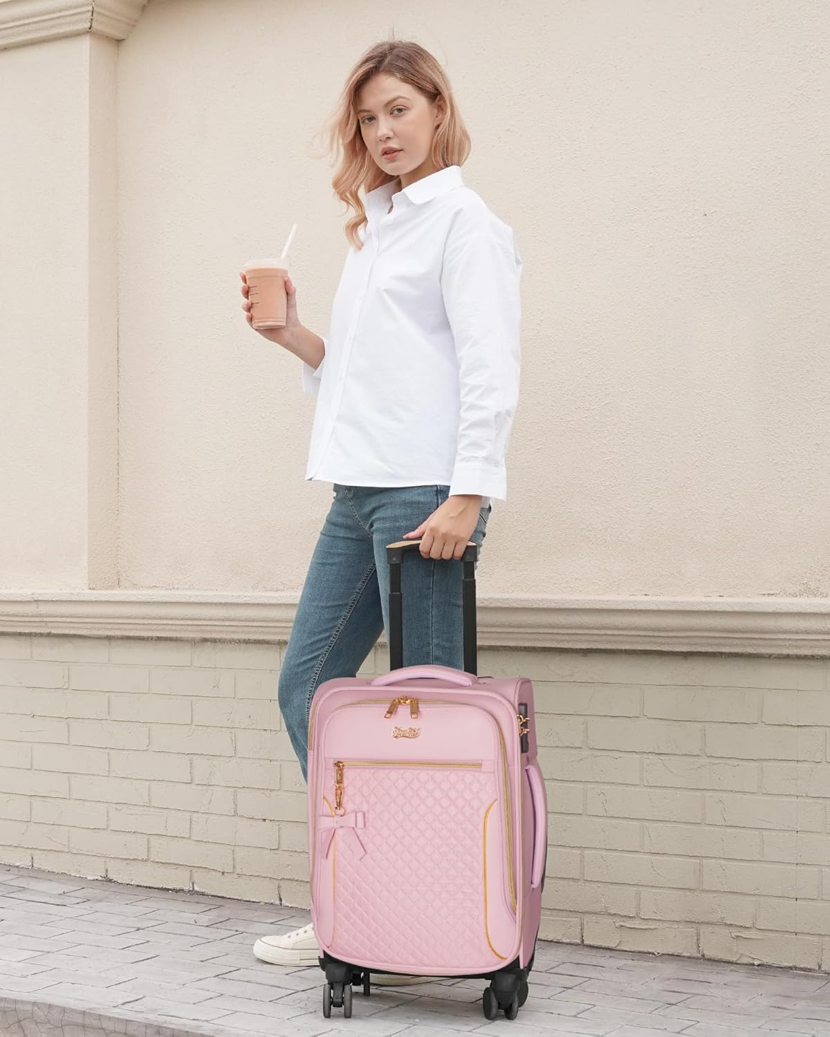 Carry On Luggage 22x14x9 Airline Approved, 20 Inch Softside Suitcase with 4 Pcs, Lightweight Luggage for Women with TSA Lock and 4 Spinner Wheels, Soft Side Carry-on Suitcases for Travel, Pink