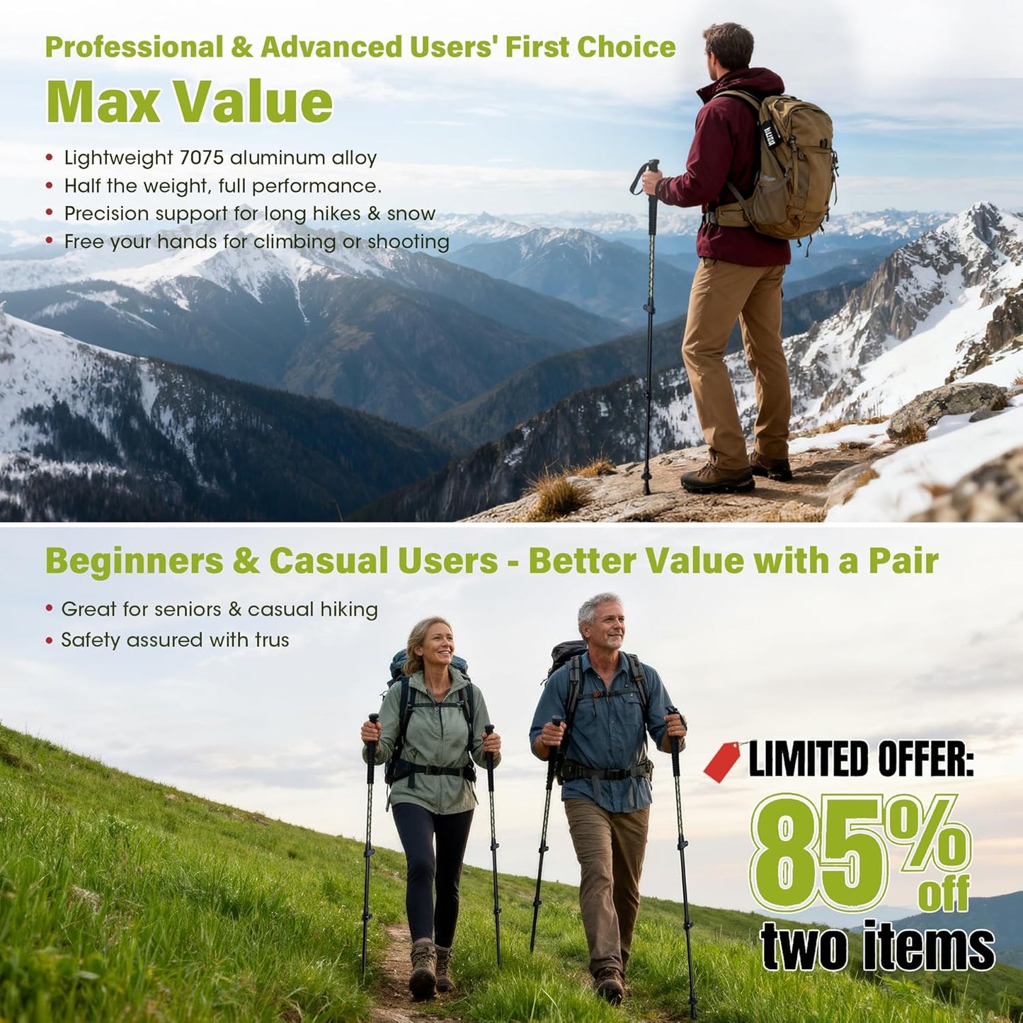 Alocs Lightweight Walking Stick - 7075 Aluminum Hiking Stick - Collapsible Trekking Hiking Pole with Flip Locks and EVA Grip - Backpacking Gear for Camping, Climbing, Emergency