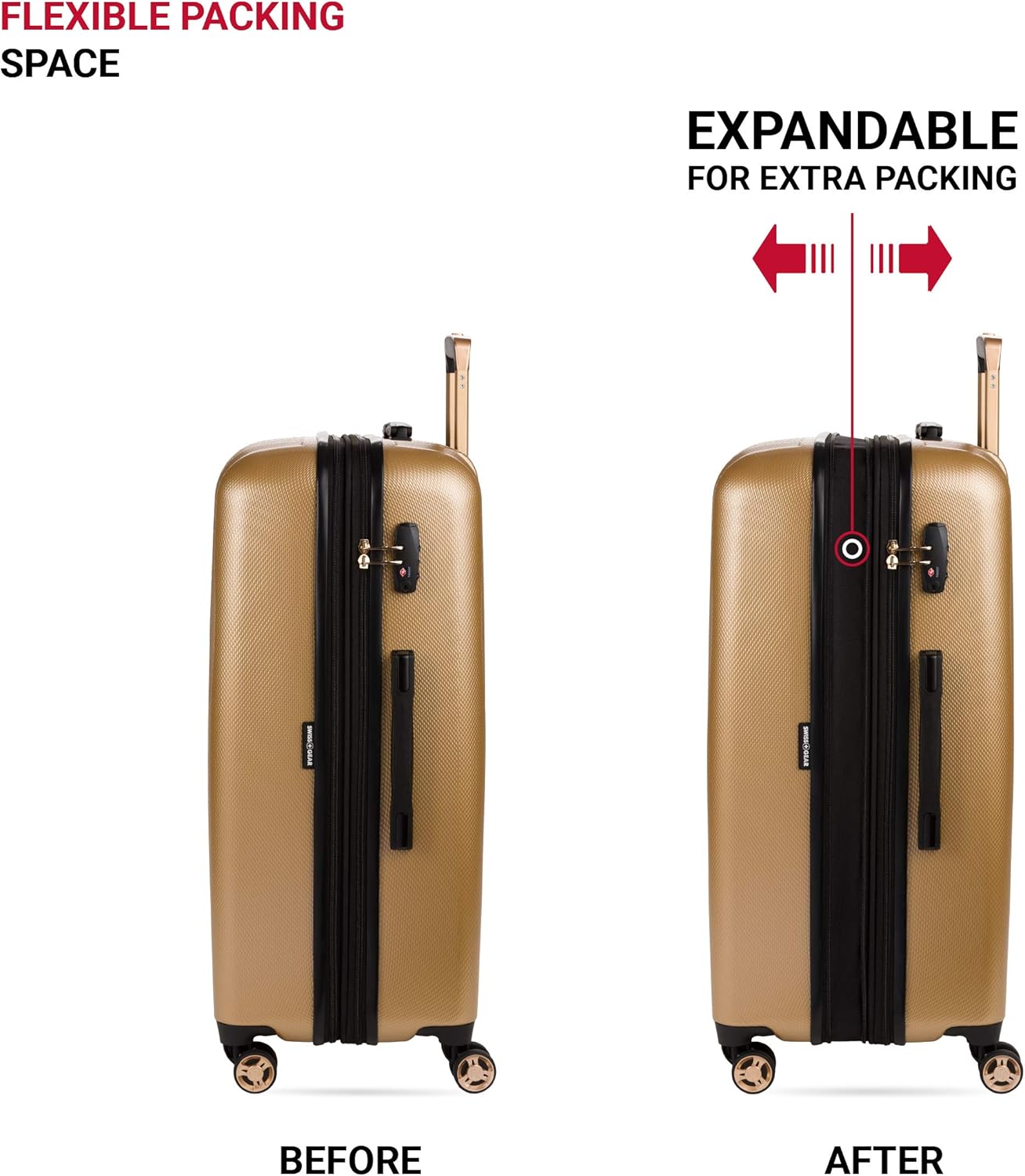SwissGear 7272 Energie Expandable Hardside Luggage with Spinner Wheels and TSA Lock, Gold, 3-Piece Set (19/24/27)