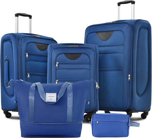 Merax Softside Luggage Set Softshell Lightweight 3 Piece Spinner Suitcase with Duffel Bag Expandable Upright Travel Luggage 22" 26" 30",Navy Blue