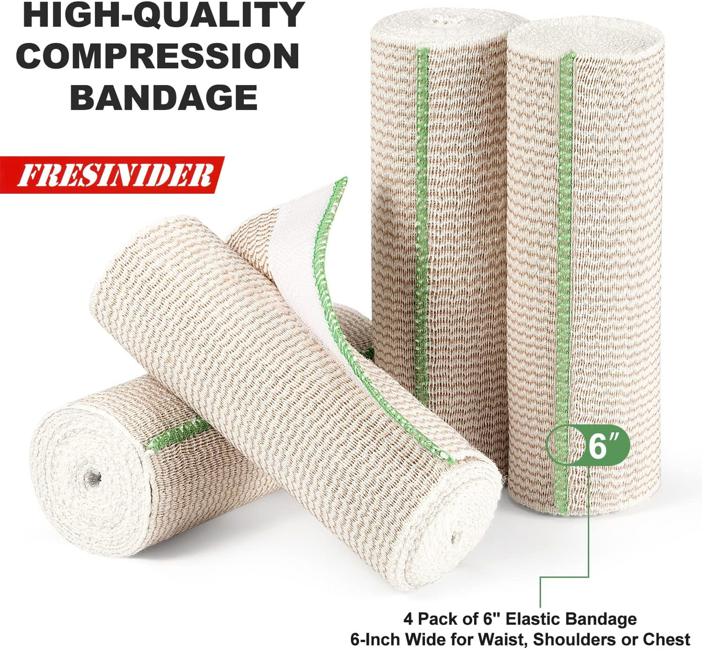 FRESINIDER Premium Elastic Bandage Wrap, 4 Pack 6" Cotton Latex Free Compression Bandage Wrap with Touch Closure at Both Ends, Support & First Aid for Sports, Medical, and Injury Recovery