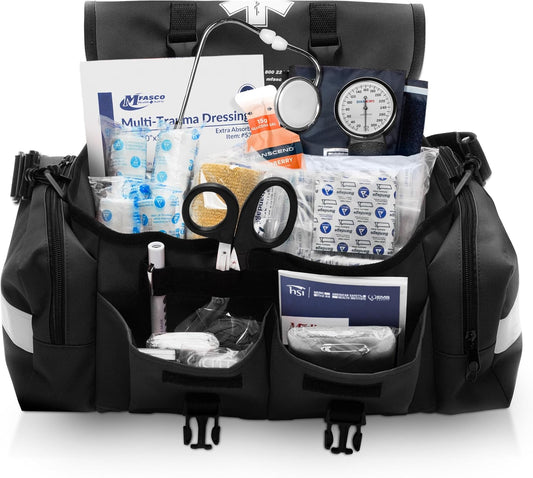 MFASCO First Aid Kit - Fully Stocked Portable Reflective Bag -First Responder Emergency Response Kit-for Natural Disaster Preparedness-Customizable Storage-Includes 415 Pcs First Aid Supplies-Black