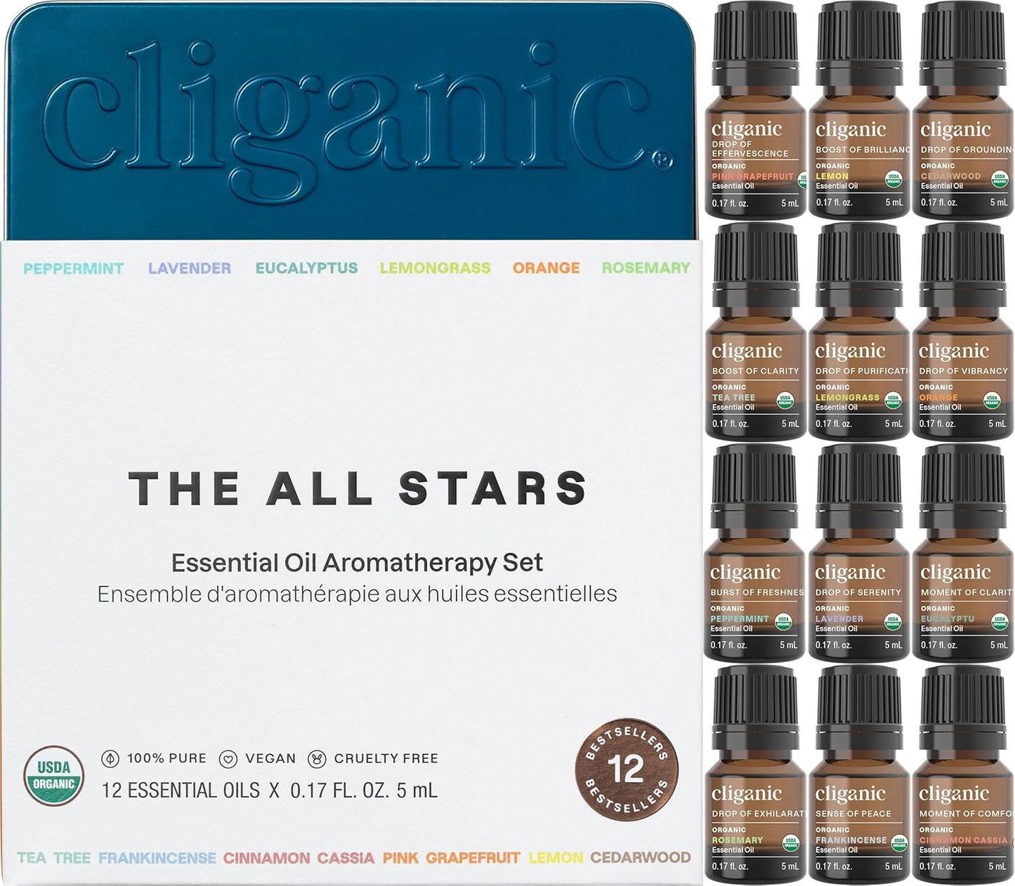 Cliganic Organic Aromatherapy TOP 12 Essential Oils Set, 100% Pure - Peppermint, Lavender, Eucalyptus, Tea Tree, Lemongrass, Rosemary, Frankincense, Orange, Lemon, Cassia, Cedarwood & Grapefruit