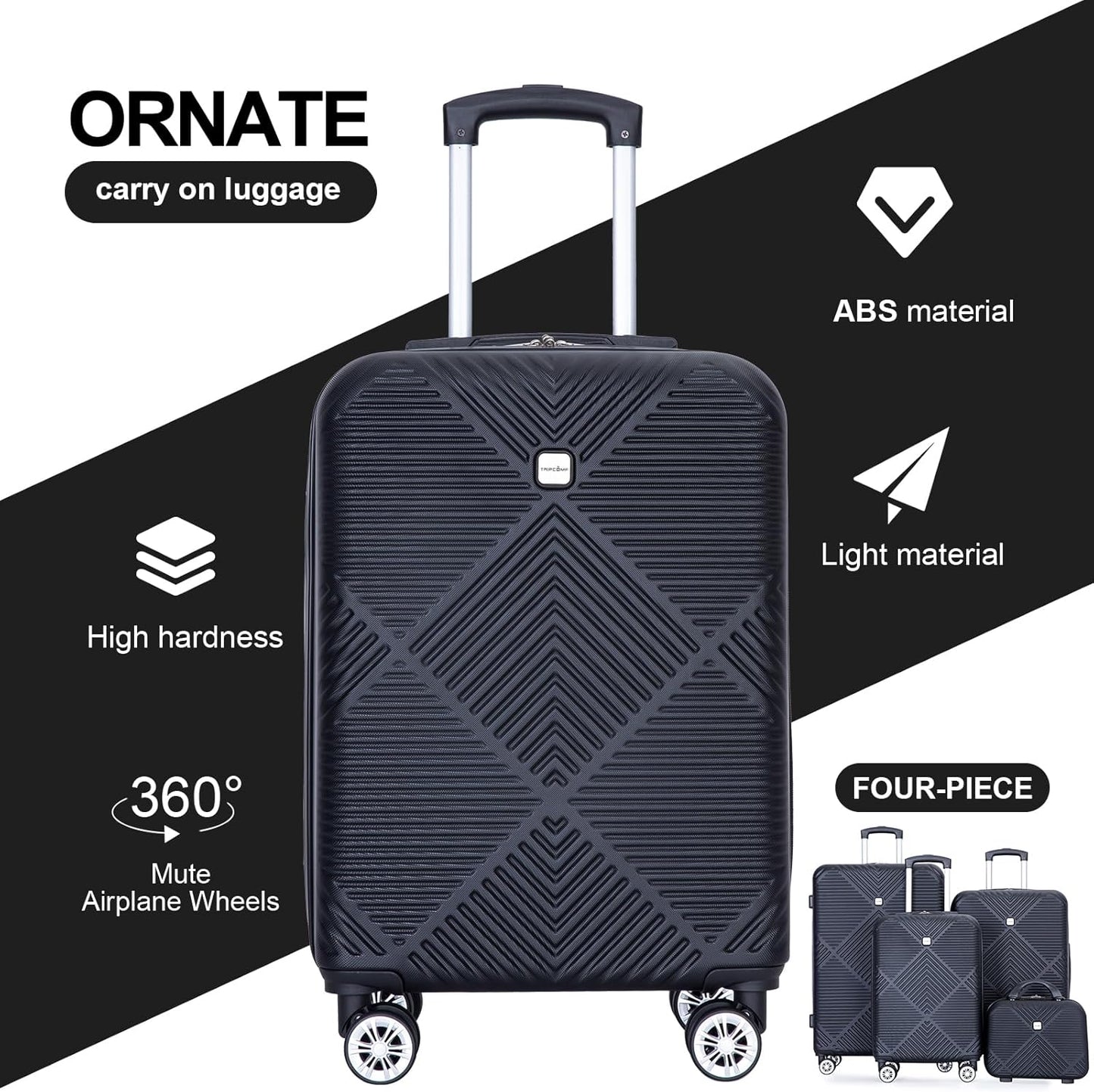 Luggage 4 Piece Set, Hardshell ABS Suitcase Set with Double Spinner Wheels, Lightweight Suitcase, Carry On and Checked Travel Luggage,Dark Black