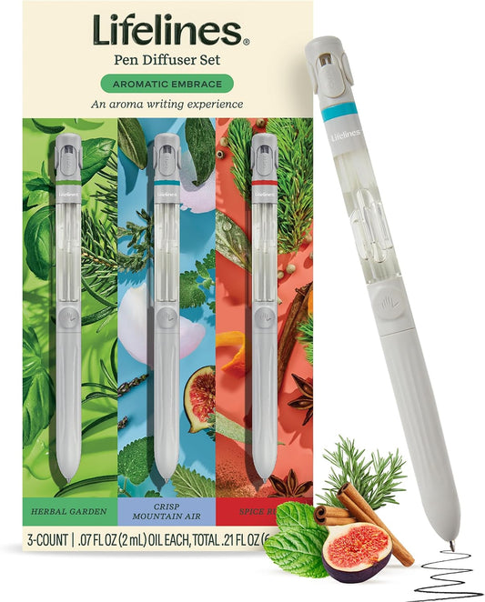 Lifelines Pen Diffuser Set, Aromatic Embrace 3-Pack – 1mm Black Ballpoint Pens with Scented Essential Oil Blends – Aromatherapy Diffuser & Sensory Immersion Diffuse Aroma As You Write