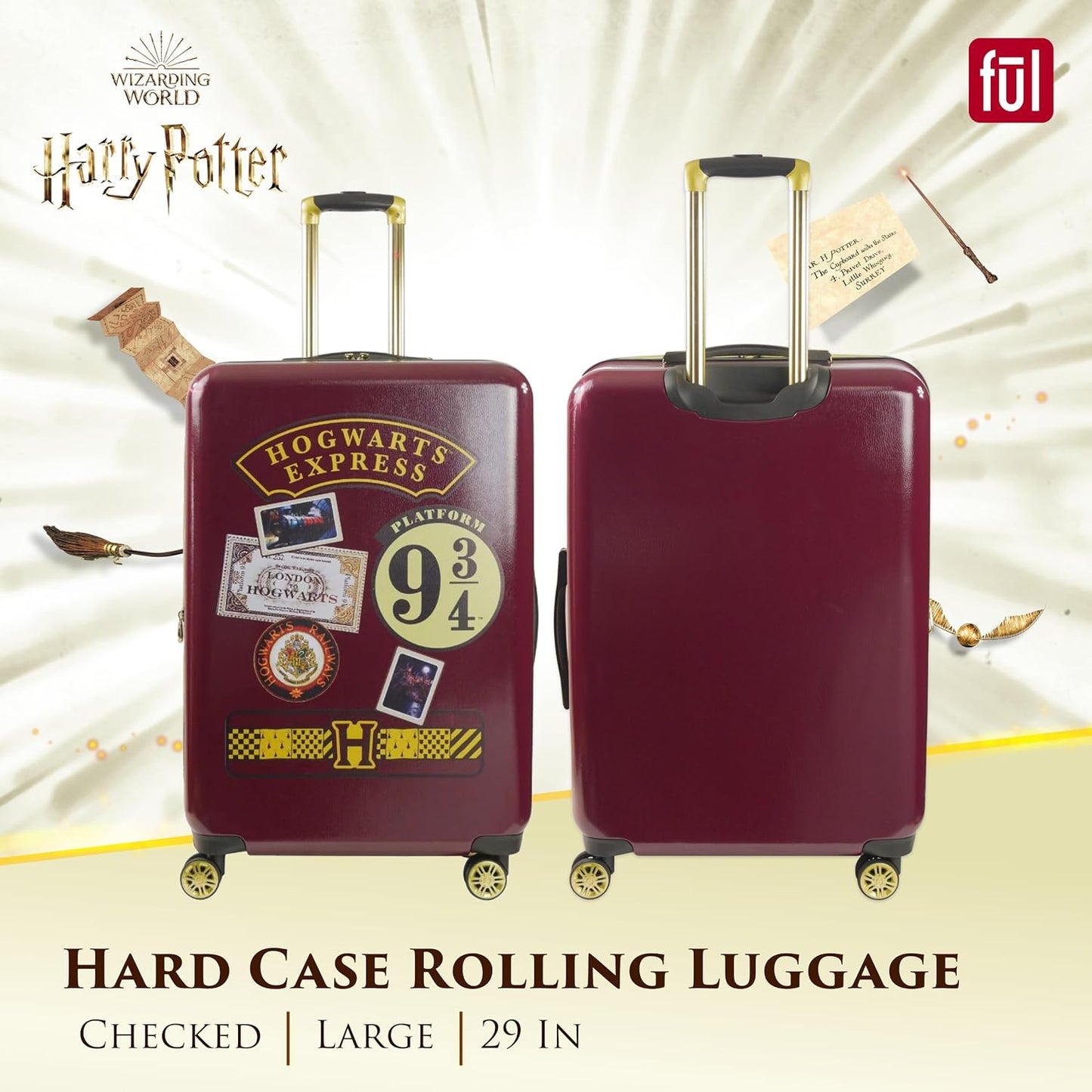 FUL Harry Potter 29 Inch Rolling Luggage, Hogwarts Express Hardshell Suitcase with Spinner Wheels, Burgundy