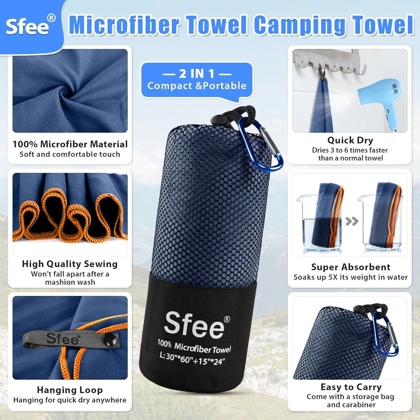 Sfee 2 Pack Microfiber Travel Towel, Quick Dry Towel Camping Towel Large Beach Towel Super Absorbent Compact Lightweight Sports Gym Towels Set for Beach, Gym, Hiking, Pool, Backpacking,Bath,Yoga