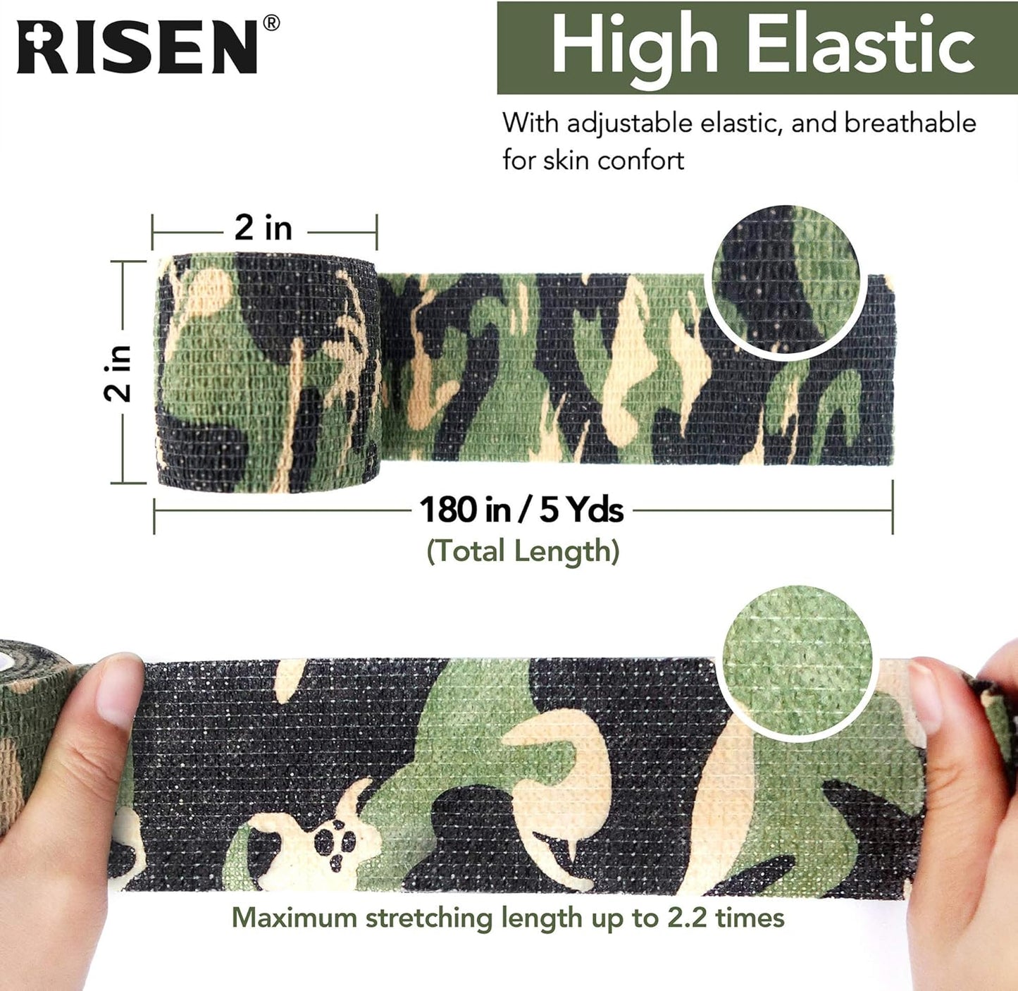 RISEN Cohesive Bandage 2” x 5 Yards, 6 Rolls, Self Adherent Wrap Medical Tape, Adhesive Flexible Breathable First Aid Gauze Ideal for Stretch Athletic