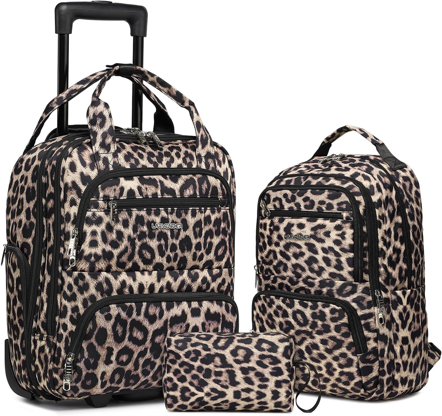 LARVENDER Underseat Carry On Luggage with Wheels Softside 16-inch Underseater Luggage Lightweight Overnight Suitcase for Men Women, Leopard, 3 Piece (16/BP/TB)