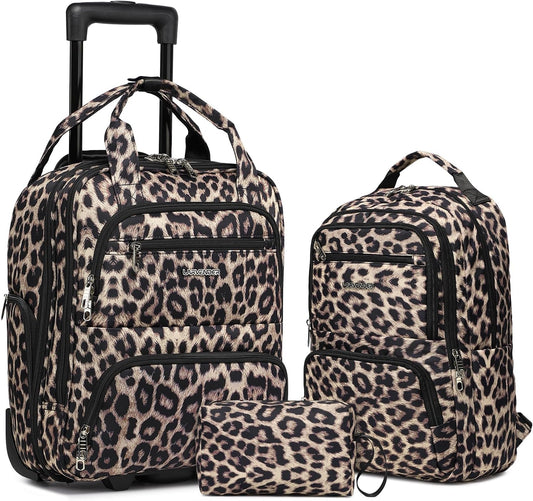 LARVENDER Underseat Carry On Luggage with Wheels Softside 16-inch Underseater Luggage Lightweight Overnight Suitcase for Men Women, Leopard, 3 Piece (16/BP/TB)