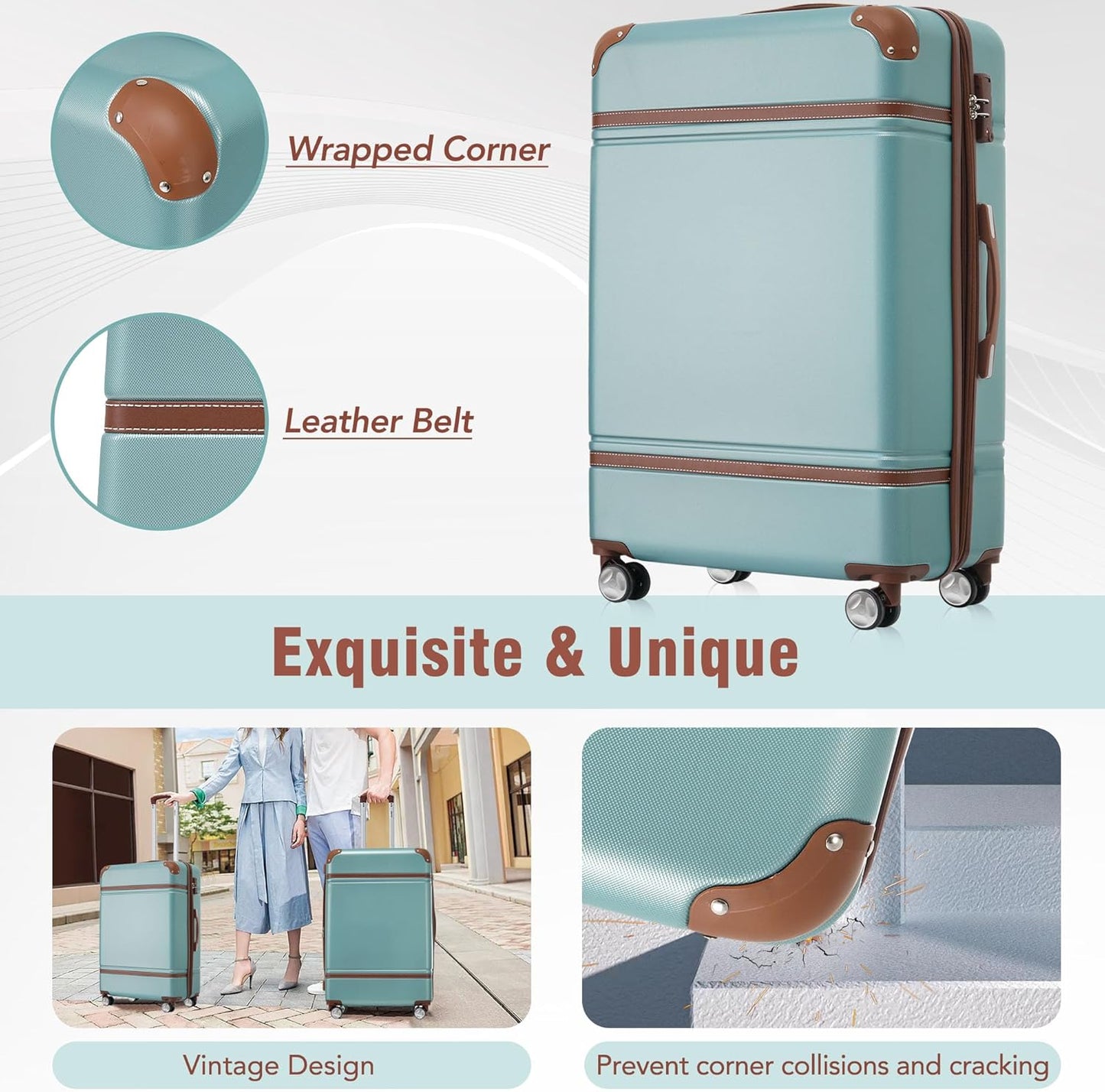 Merax Luggage Set 3 Piece Suitcase Set with 1 Cosmetic Case Expandable Spinner Wheels Vintage Luggage Sets(Blue Green,20"+24"+28")