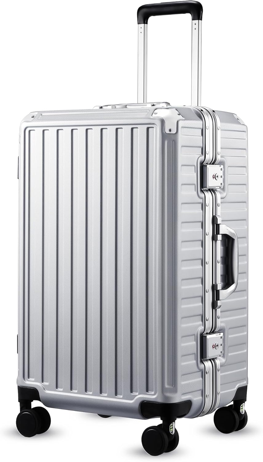 Checked Luggage with Spinner Wheels, 8010S Aluminum Frame Zipperless Polycarbonate Hard Shell Suitcase (ZX-Core, Silver, 24 Inch)