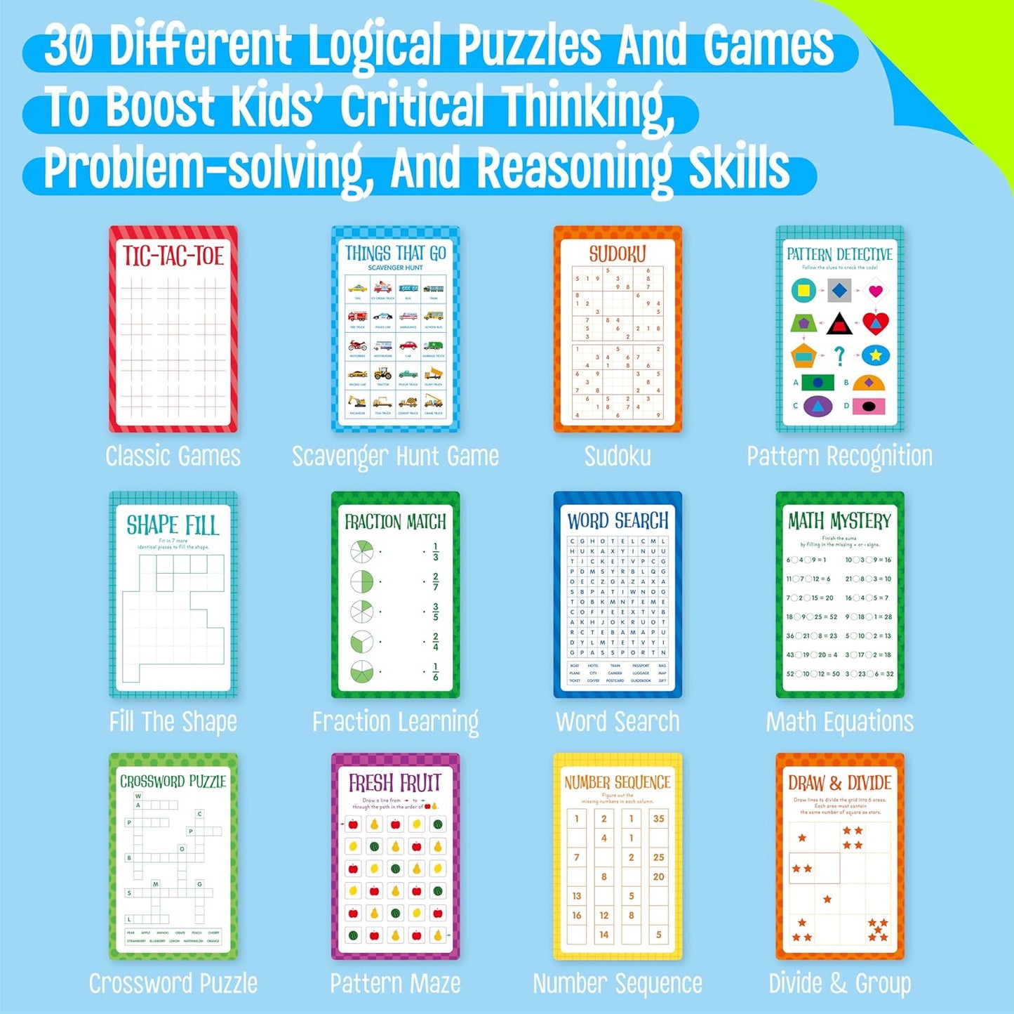 Logic Puzzles Game Pad, 30 Reusable & Erasable Logical Thinking Games-Sudoku, Scavenger Hunt, Math Games, Dry Erase Brain-Boosting Puzzles Activities Pad for Kids, Road Trip, Airplane & Car Travel