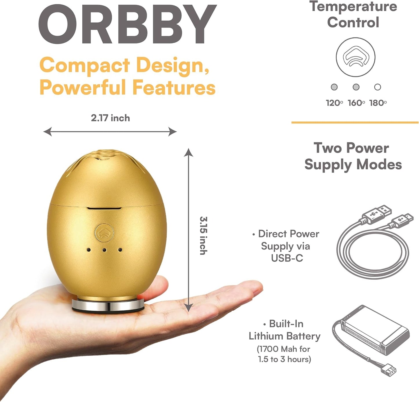 Orbby Scent Diffuser Starter Kit | Small Portable Desk Diffuser for Office: Electric Incense Burner, Rechargeable Cordless Pet Safe, Odor Eliminator – Flameless (Gold, Includes Pellets)
