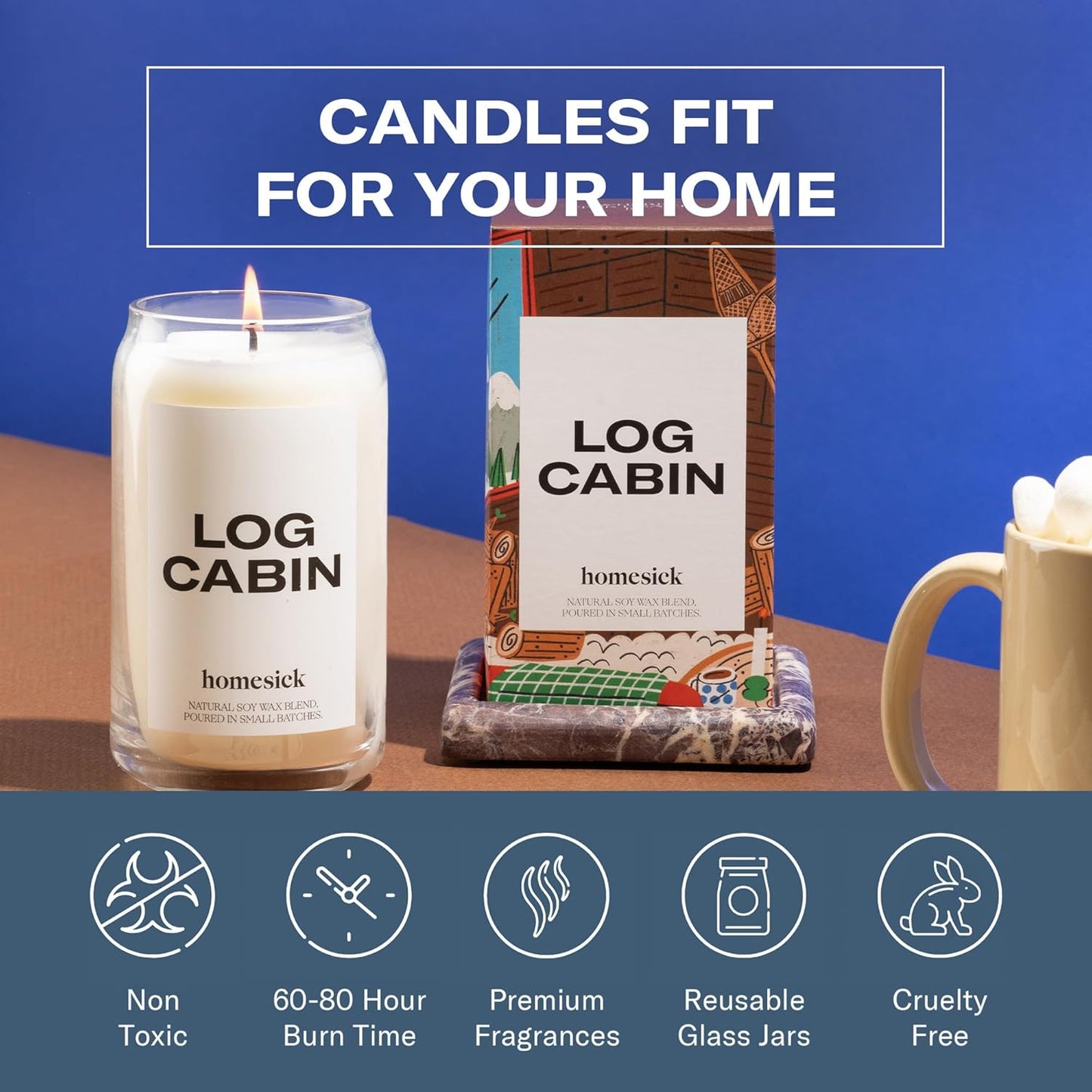Homesick Scented Candles for Home (Log Cabin) - 13.75 oz Long-Lasting Natural Soy Wax Blend Jar Candle Gifts for Women & Men, 60-80 Hours Burn Time - Notes of Blue Spruce, Chimney Smoke & Amber