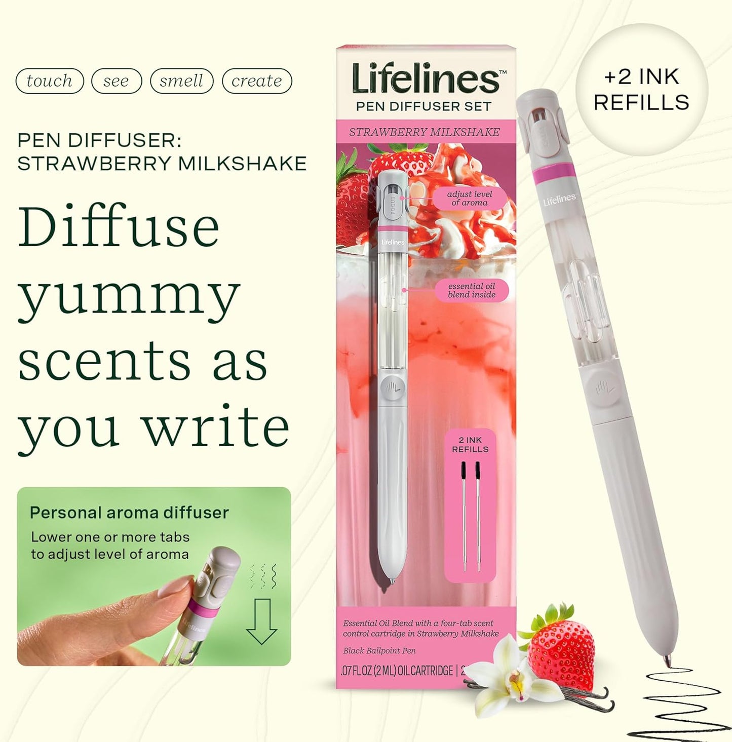 Lifelines Pen Diffuser Set, Strawberry Milkshake - 1mm Black Ballpoint Pen with Scented Essential Oil Blend & 2 Ink Refills – Aromatherapy Diffuser & Sensory Immersion Diffuse Aroma As You Write