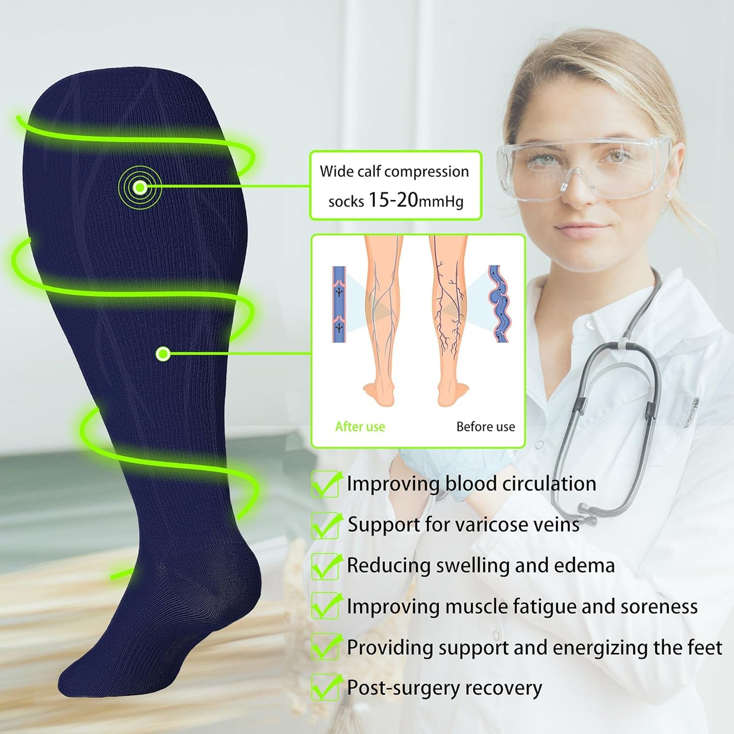 LEVSOX Wide Calf Compression Socks for Women&Men Plus Size 15-20mmHg Knee High Large Support Stockings for Circulation