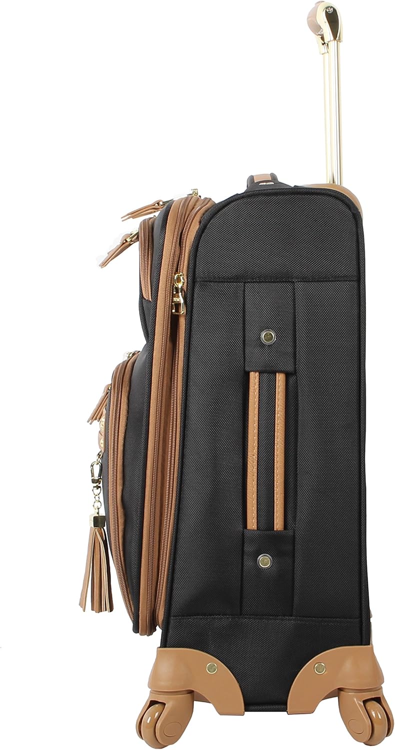 Steve Madden Designer-Gepckkollektion Leichter Softside-Koffer fr Damen und Herren strapazierfhige 50,8 cm groe Tragetasche mit 4 rollenden Spinner-Rdern, Harlo Black, 20in, Carry on Bag With Spinner