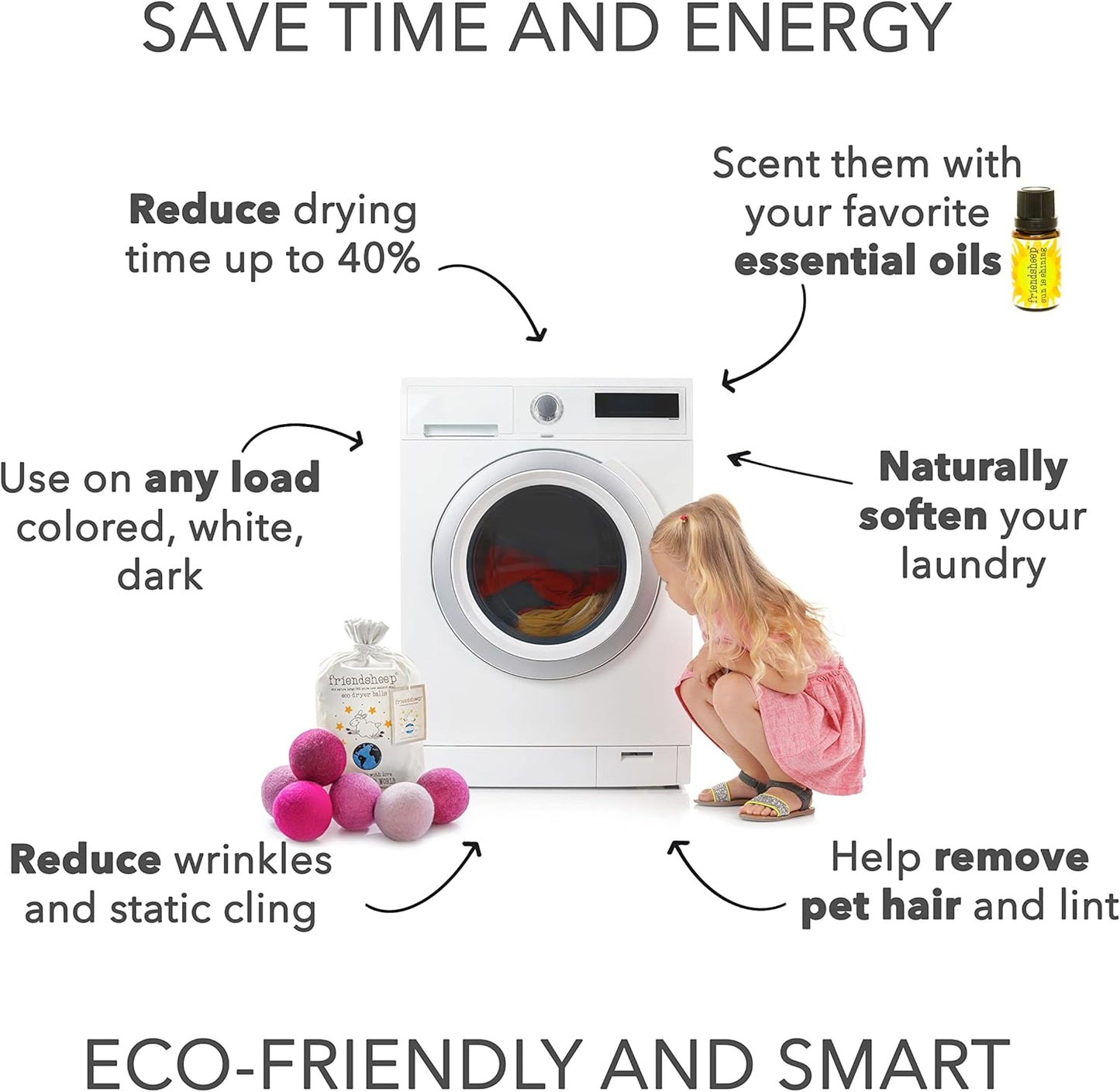 Friendsheep Wool Dryer Balls, Organic Reusable Fabric Softener Alternative for Laundry, Handmade, Fair Trade, Hypoallergenic, Eco-Friendly, Plastic-Free (6 Pack XL - Pink Valentine)