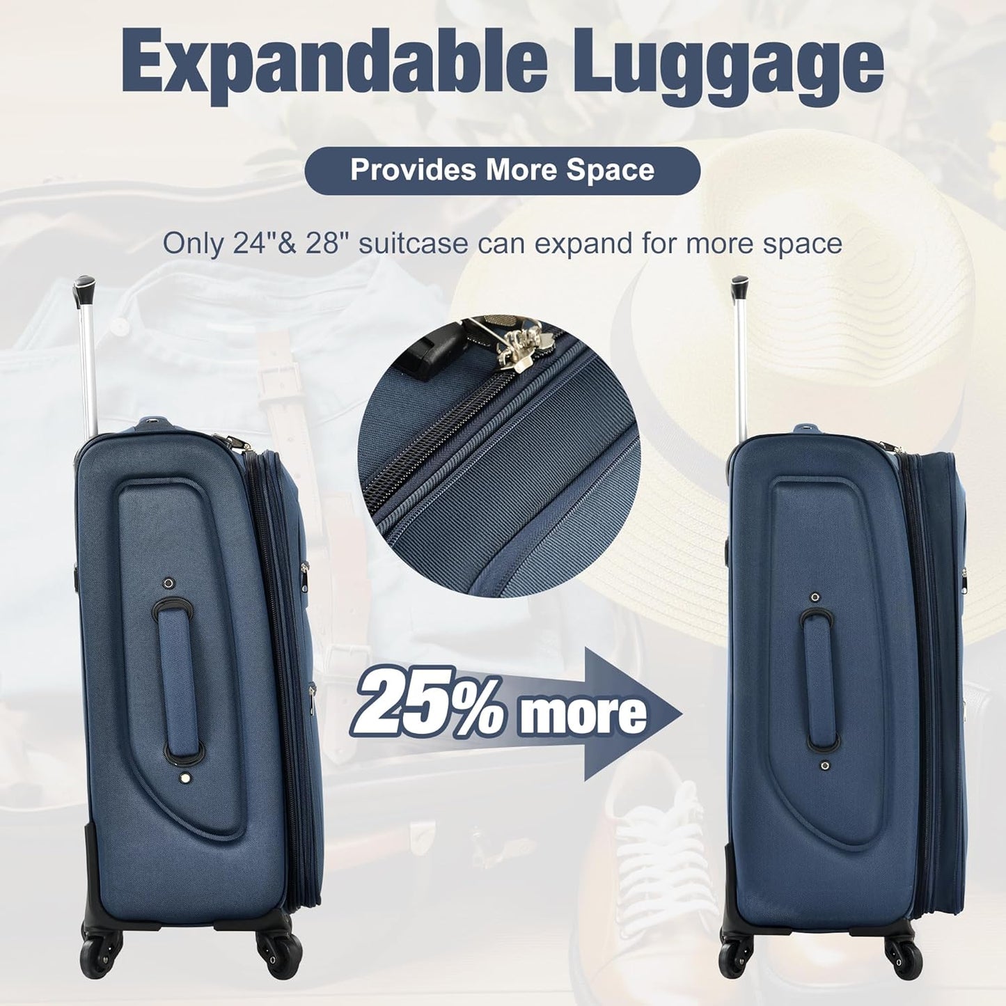 Merax Softside Luggage Set Softshell Lightweight 3 Piece Spinner Suitcase with Duffel Bag Expandable Upright Travel Luggage 22" 26" 30",Deep Blue
