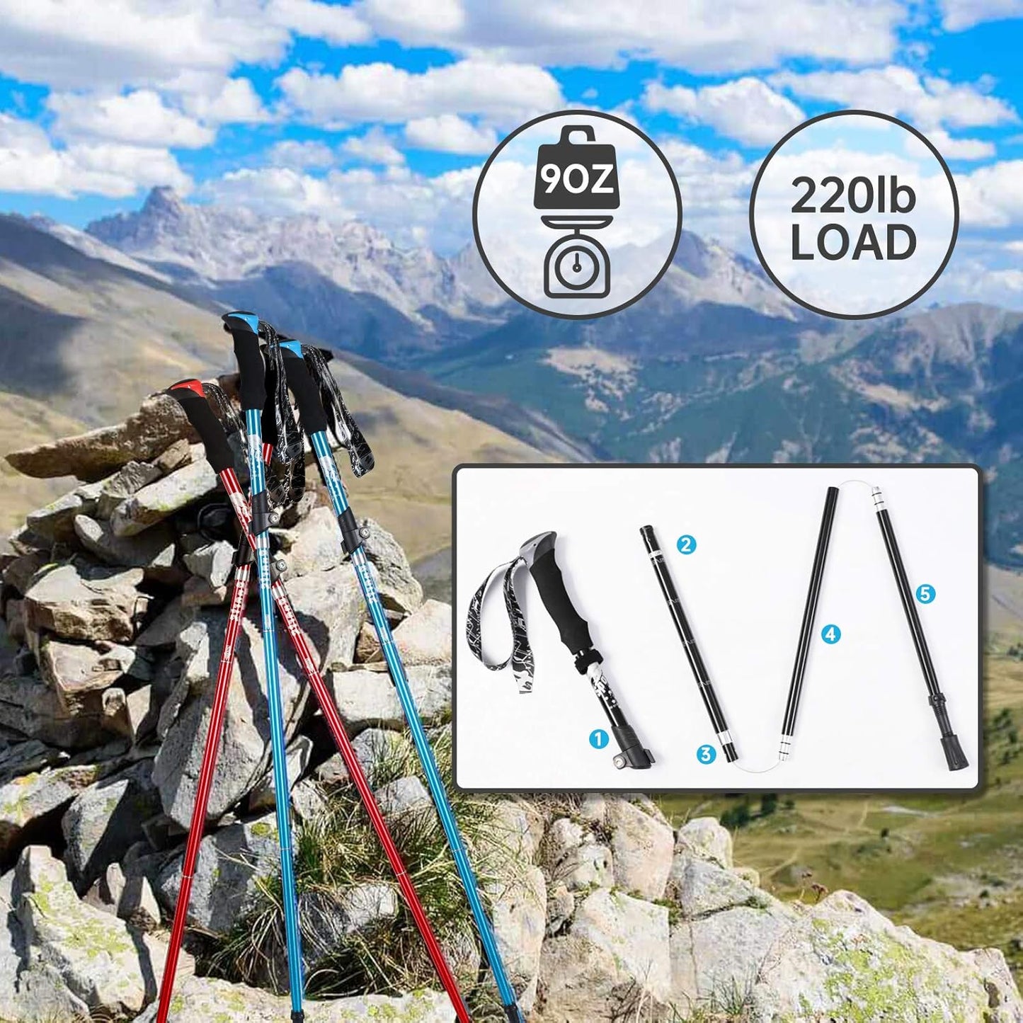 Trekking Poles - Aluminum 7075 Adjustable Walking Sticks with Quick Locks, Expandable to 53", Ultralight for Hiking, Camping, Mountains (Set of 2)