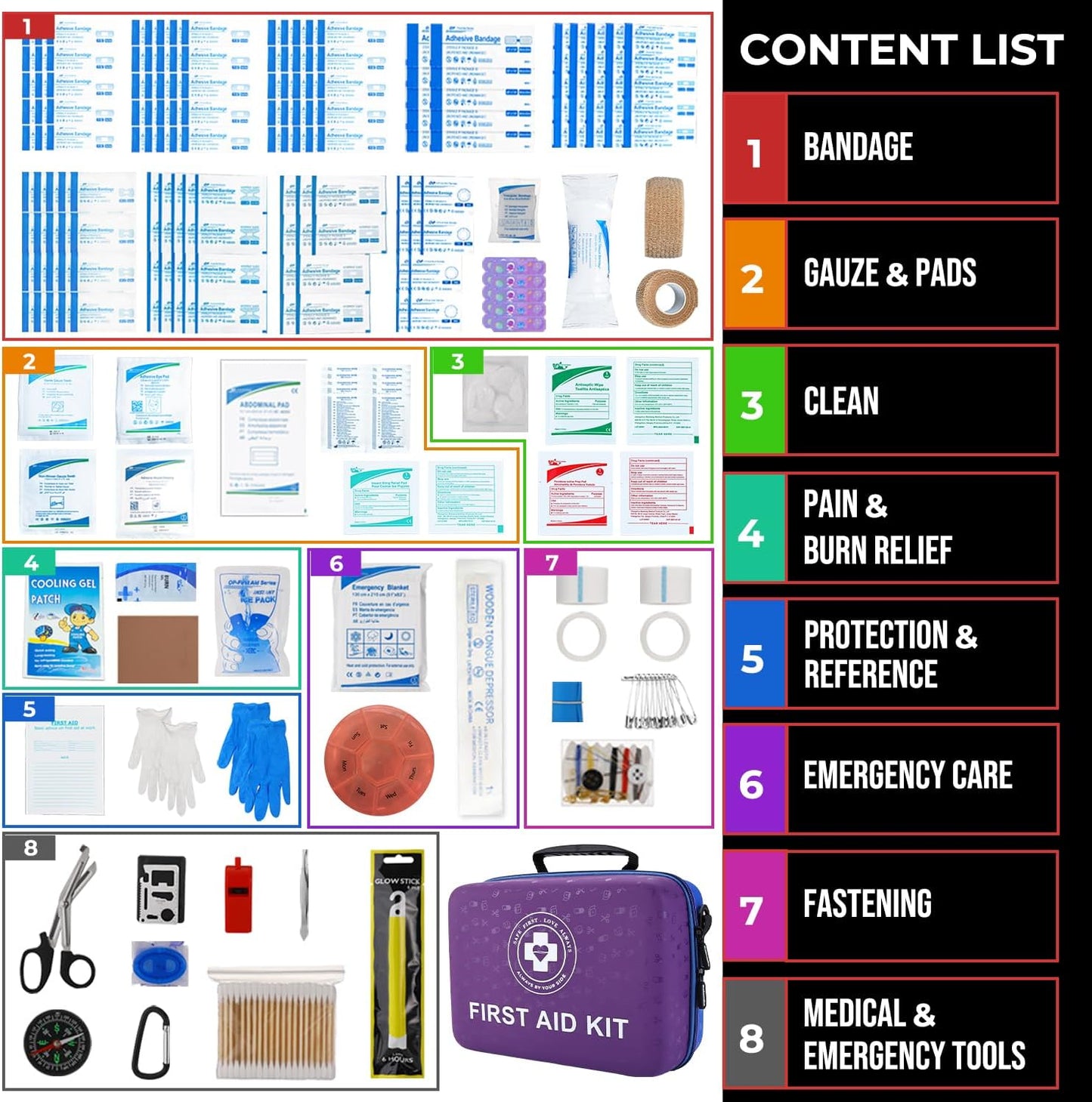Large First Aid Kit - 410 Piece Dual-Color Emergency Kit with Hard Shell & Fluorescent Interior Coating, Professional Survival Kit for Home, Car, Travel, Hiking & Outdoor(Blue/Purple)