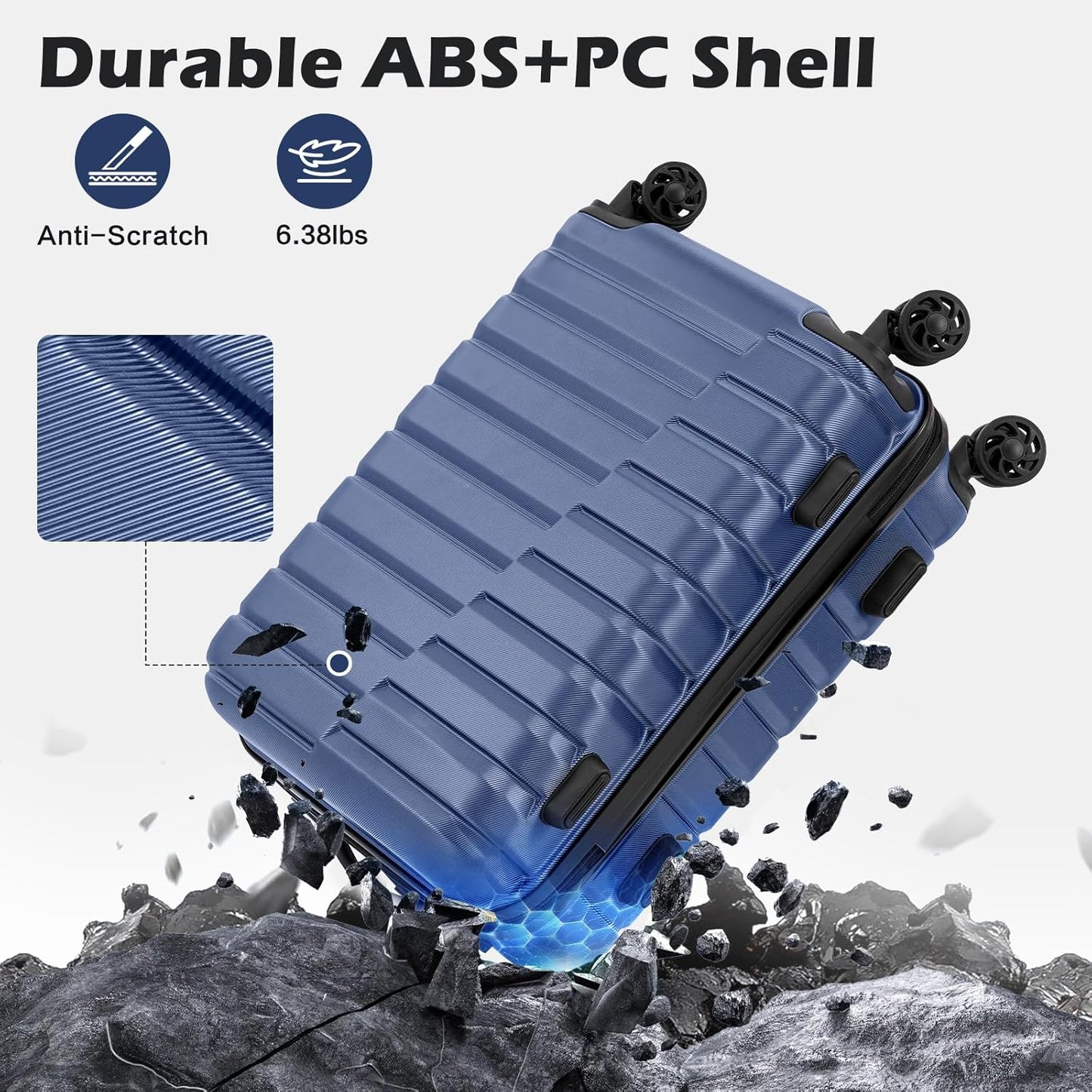 Coolife Carry On Luggage Airline Approved with Wheels Hard Shell Suitcase Spinner TSA Lock Telescopic Handle 20-inch,Blue