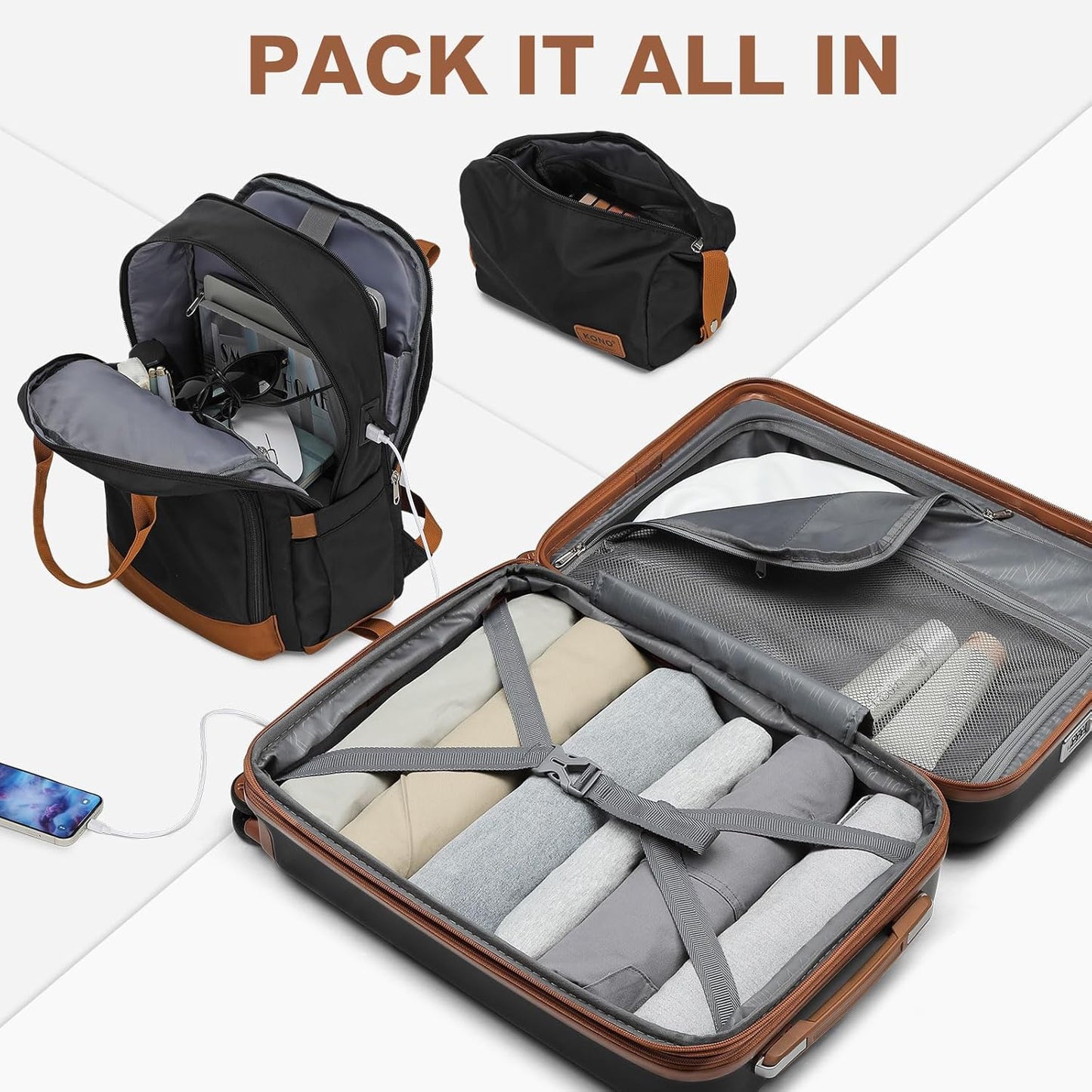 Kono Airline Approved Suitcase Set 3 Piece Luggage Set Lightweight Carry On Travel Luggage, TSA Lock Spinner Wheels Hardshell (Black/Brown, (BP/TB/20))