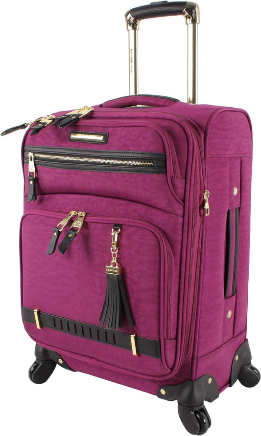 Steve Madden Designer-Gepckkollektion Leichter Softside-Koffer fr Damen und Herren strapazierfhige 50,8 cm groe Tragetasche mit 4 rollenden Spinner-Rdern, Peek-a-boo Purple, 20in, Carry on Bag With