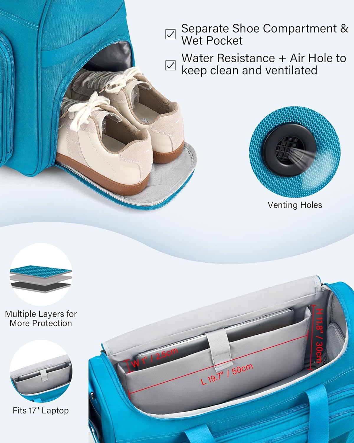 Carry on Duffel Bag Foldable Duffle Bags for Travel, Large Personal Item Bags for Airplanes, Weekender Overnight Mens Travel Tote Bag for Women Softside Carry on Luggage (Caribbean Blue)