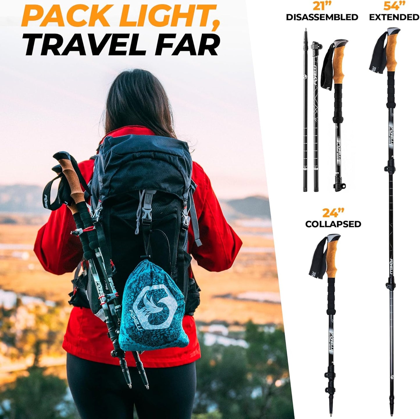 Foxelli Carbon Fiber Trekking Poles – Lightweight Collapsible Hiking Poles with Cork Grips, Lever Locks & All Terrain Accessories