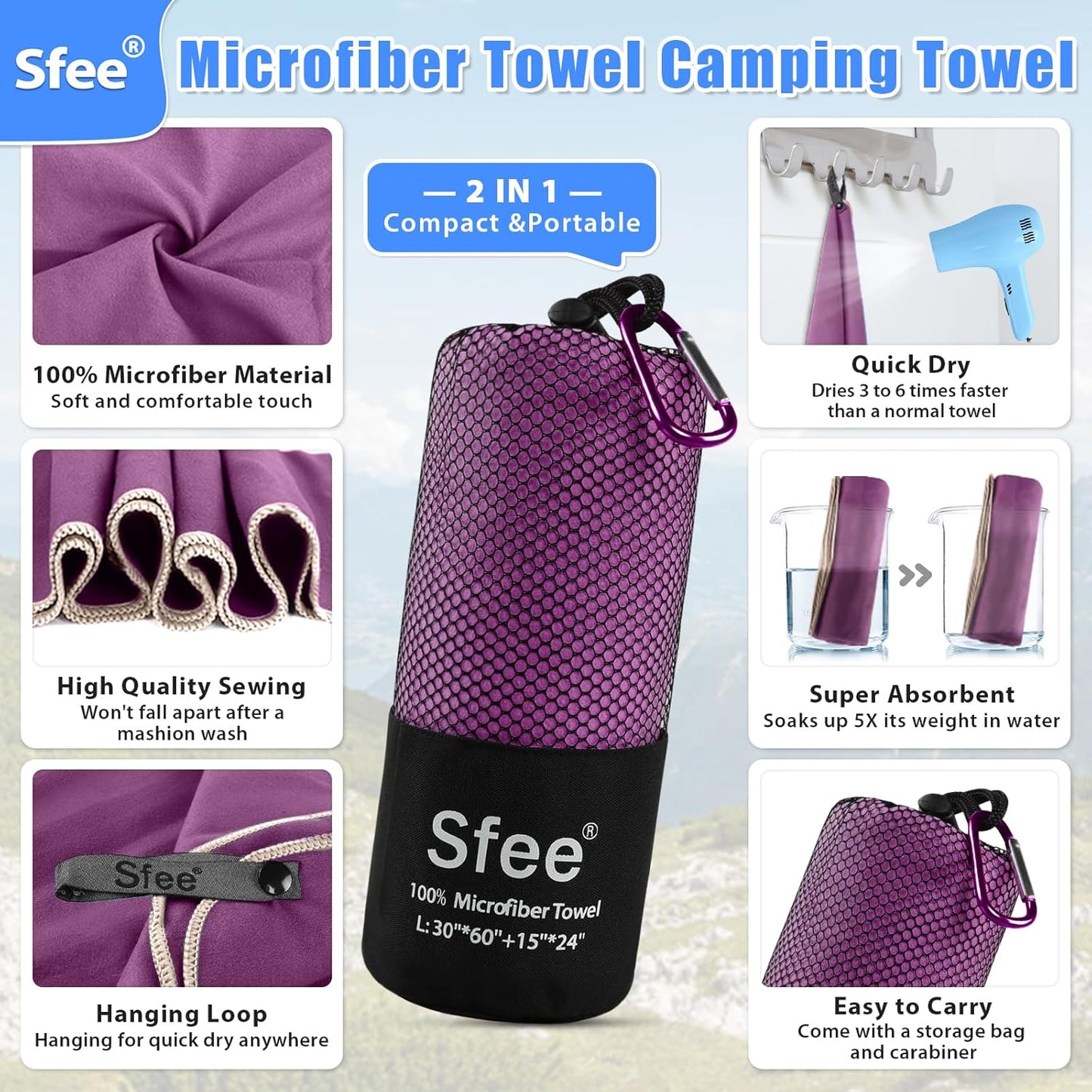 Sfee 2 Pack Microfiber Travel Towel, Quick Dry & Super Absorbent, Lightweight, Rectangular Bath Towel, Modern Purple Sports Towel for Gym, Hiking, Pool, Backpacking, Bath, Yoga