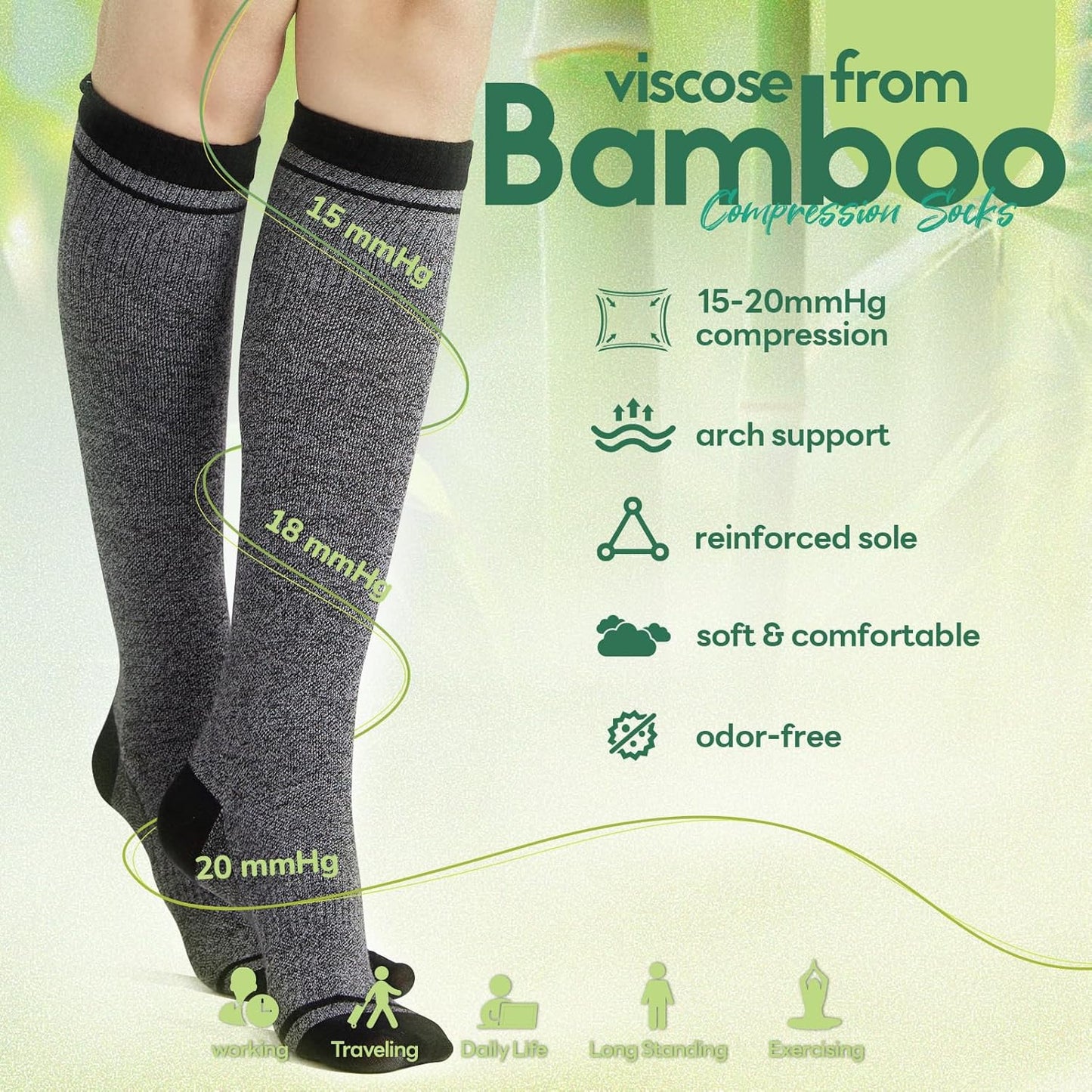 Compression Socks Women & Men, 15-20 mmHg Bamboo Viscose Knee High Soft Support for Flying Travel Daily