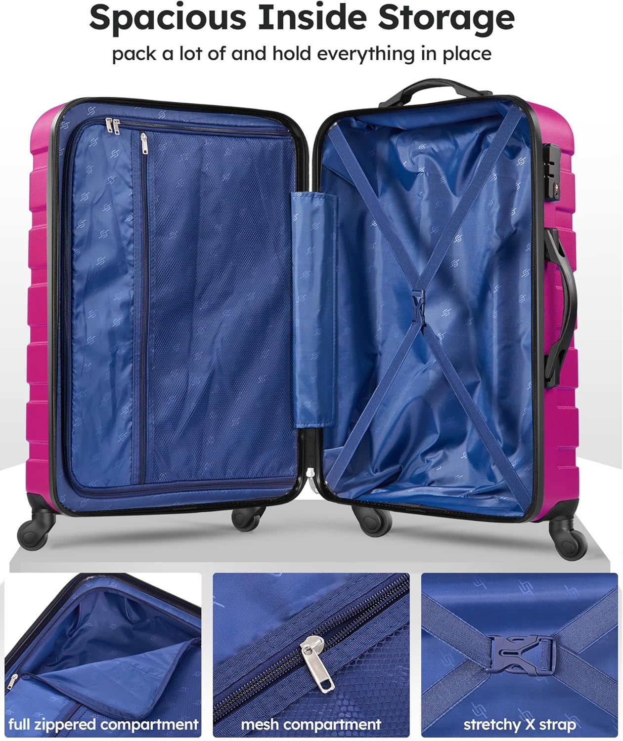 Suitour Luggage 3 Piece Sets Hard Shell Luggage Set with Spinner Wheels, TSA Lock, 20 24 28 inch Travel Suitcase Sets,Rose Red