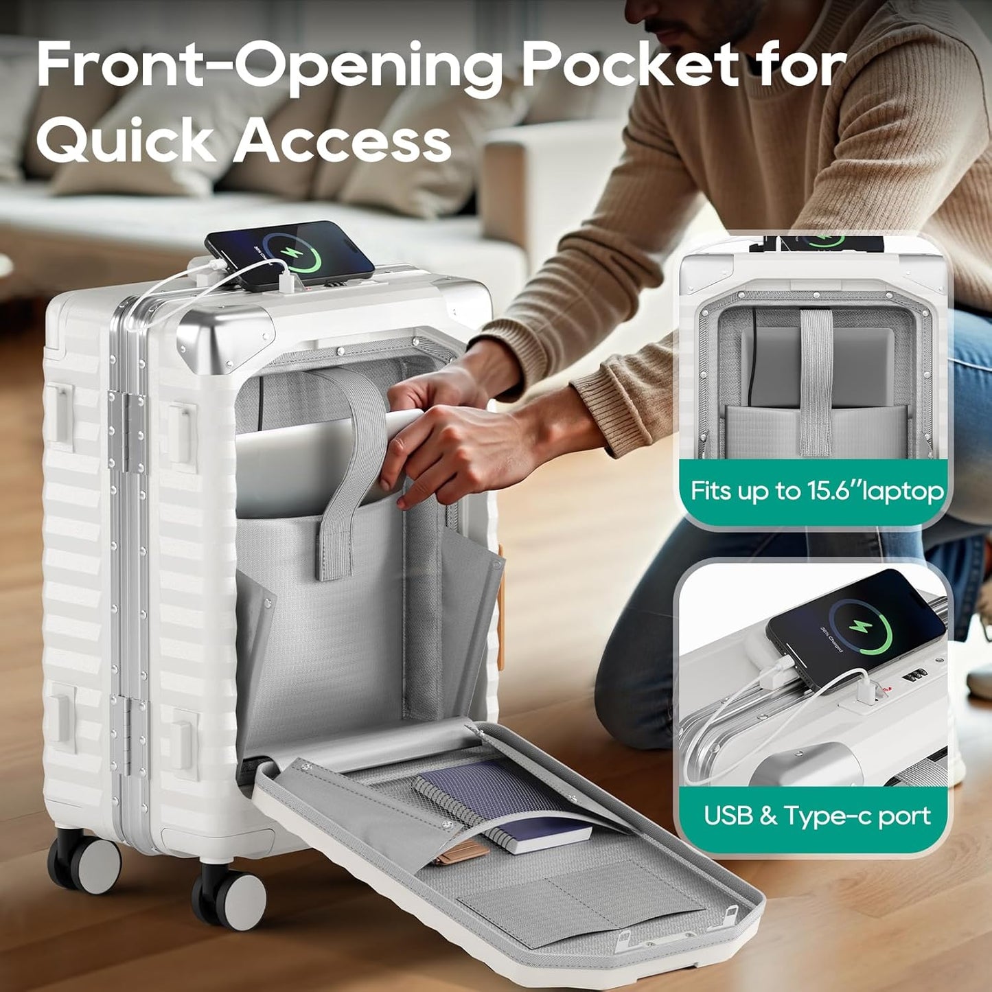 Joyway 20 Inch Carry on Luggage with Aluminium Frame and Front Pocket, PC Hardshell Suitcase with USB Port and Cup Holder, 21.5x14.2x9 Airline Approved, Luggage with Spinner Wheels and TSA Lock(White)