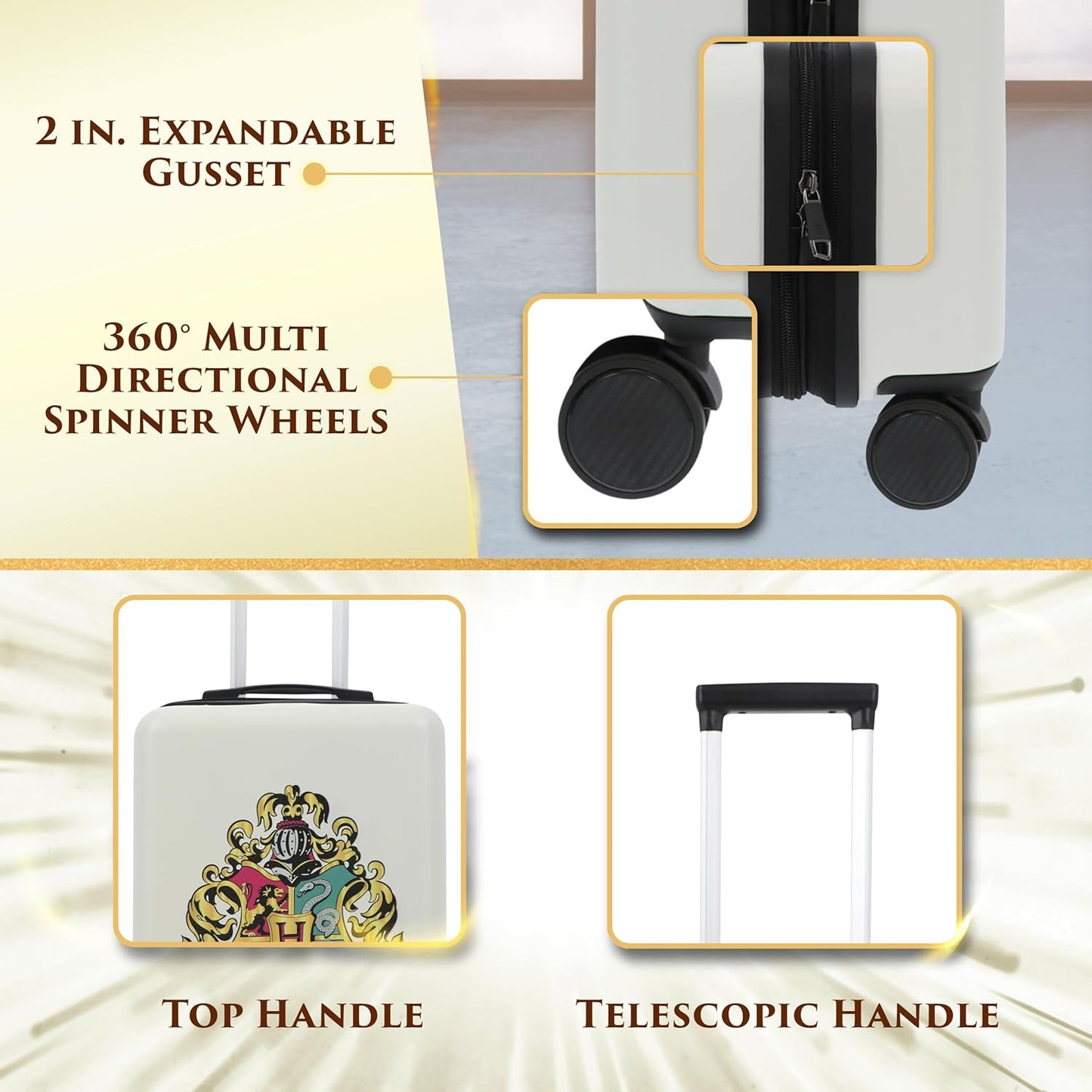 FUL Harry Potter 22.5 Inch Carry On Luggage, Hogwarts Crest Hardshell Rolling Suitcase with Spinner Wheels, White