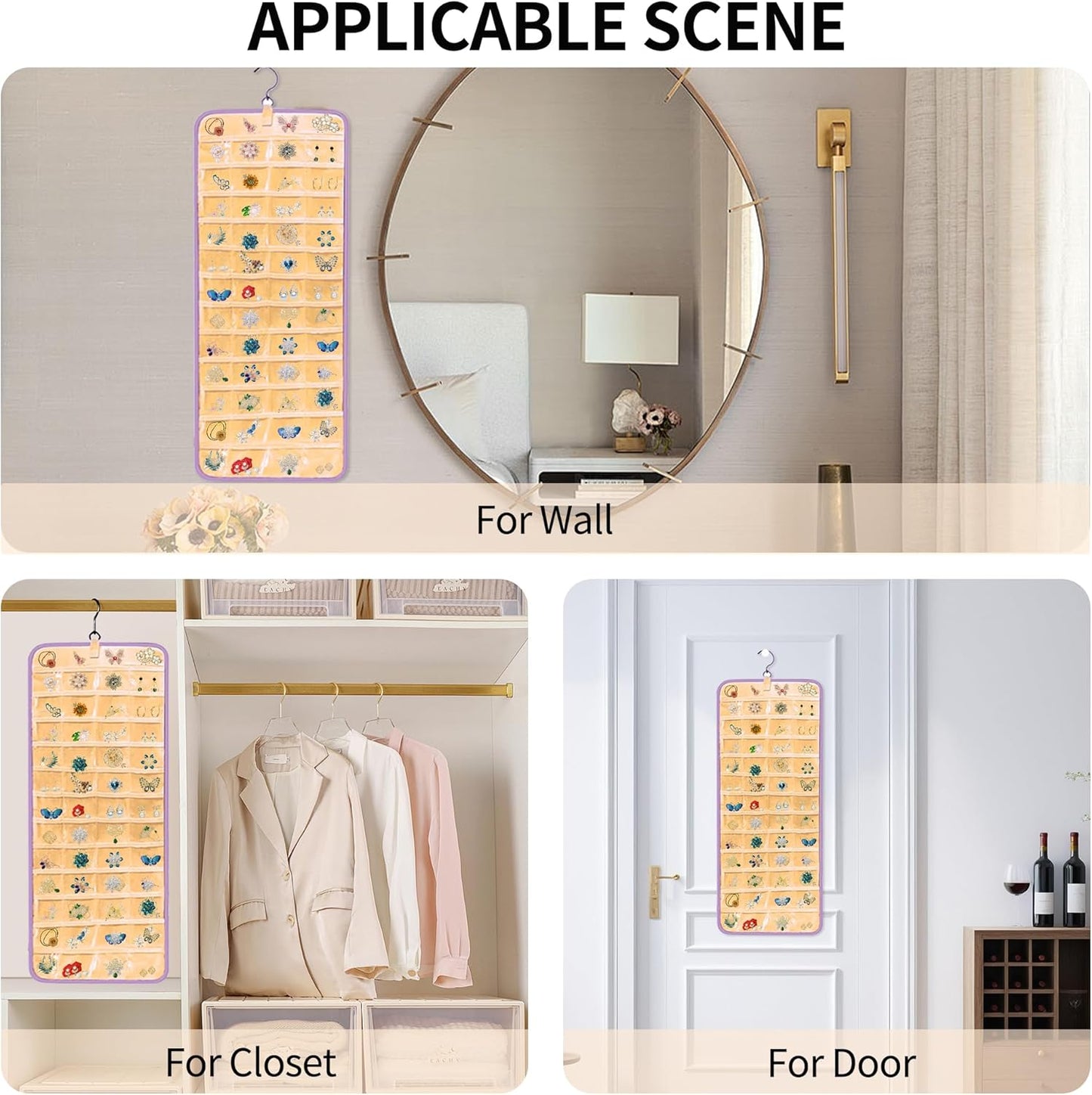 Bloss Hanging Jewelry Organizer with 48 Pockets, Mothers Day Gifts Double-Size Hanging Jewelry Holder with Hanger Hooks, Jewelry Organizers and Storage for Earrings, Necklaces and Rings, Purple