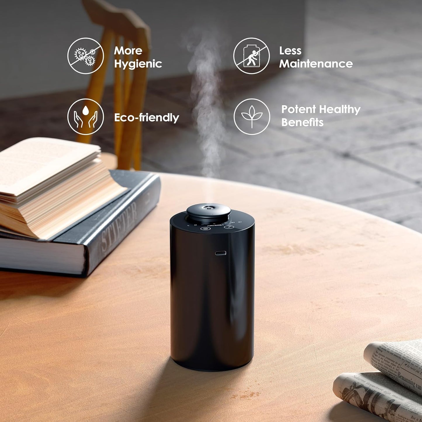 Airversa Waterless Diffuser for Essential Oil, Battery Operated Nebulizer, 0.7 Fl.Oz./ 20mL Capacity, Mini Scent Air Machine, 3 Countdown Timers & 3 Mist Levels for Home, Room, Car, Office - AN6 Black