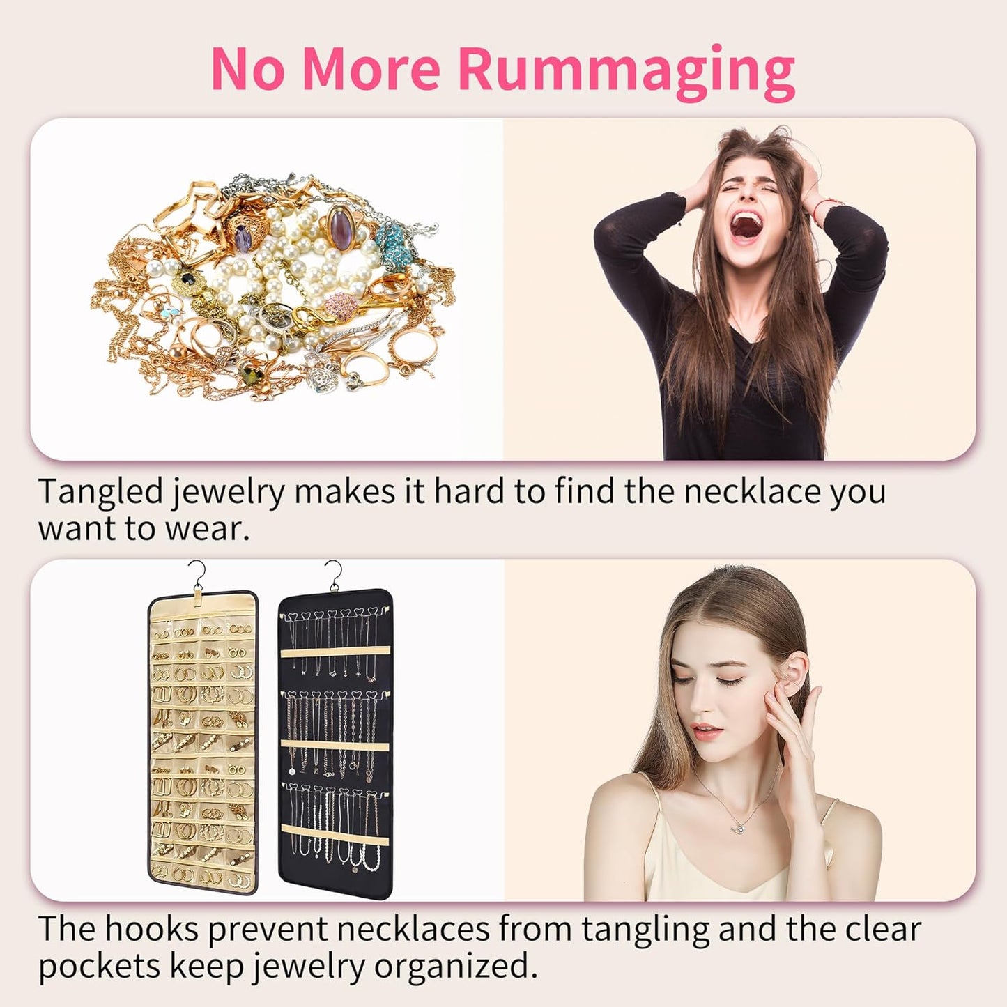 Bloss Hanging Jewelry Organizer-48 Pockets Dual-Sided Hanging Jewelry Organizers and Storage for Necklaces, Earrings Holder on Closet, Wall, Door, Christmas Gifts for Women,Blcak